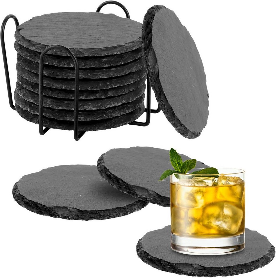 Refined Living Getränkeuntersetzer 12 Stück Schiefer Untersetzer Rund mit Metallhalter, rutschfest, 10 cm, Untersetzer Set, Tischschutz, Getränkeuntersetzer Schwarz 10 cm aus Naturschiefer, Glasuntersetzer mit 3 Schutzpads, Rutschfest & Kratzfest, Unterse