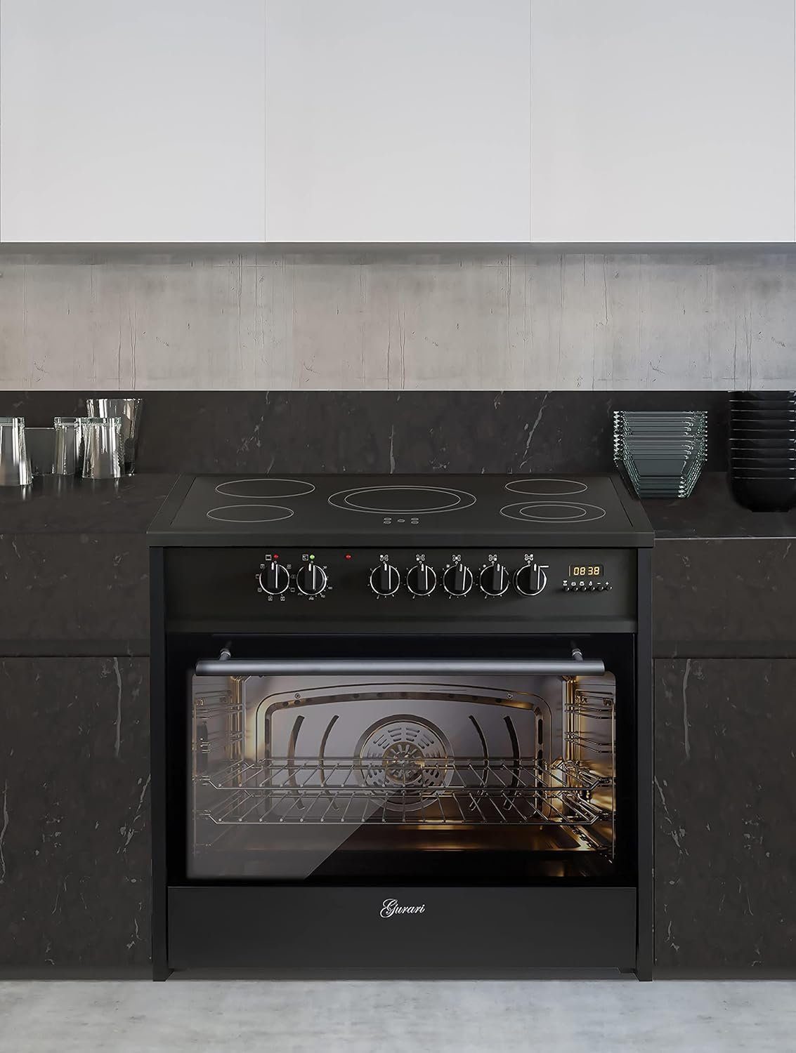 GURARI Elektro-Standherd GCH E 912 BL+T 4000 Em, mit 1-fach-Teleskopauszug, Elektro Standherd 90 cm/ Schwarz/ Range Coocker +Retro-Toaster