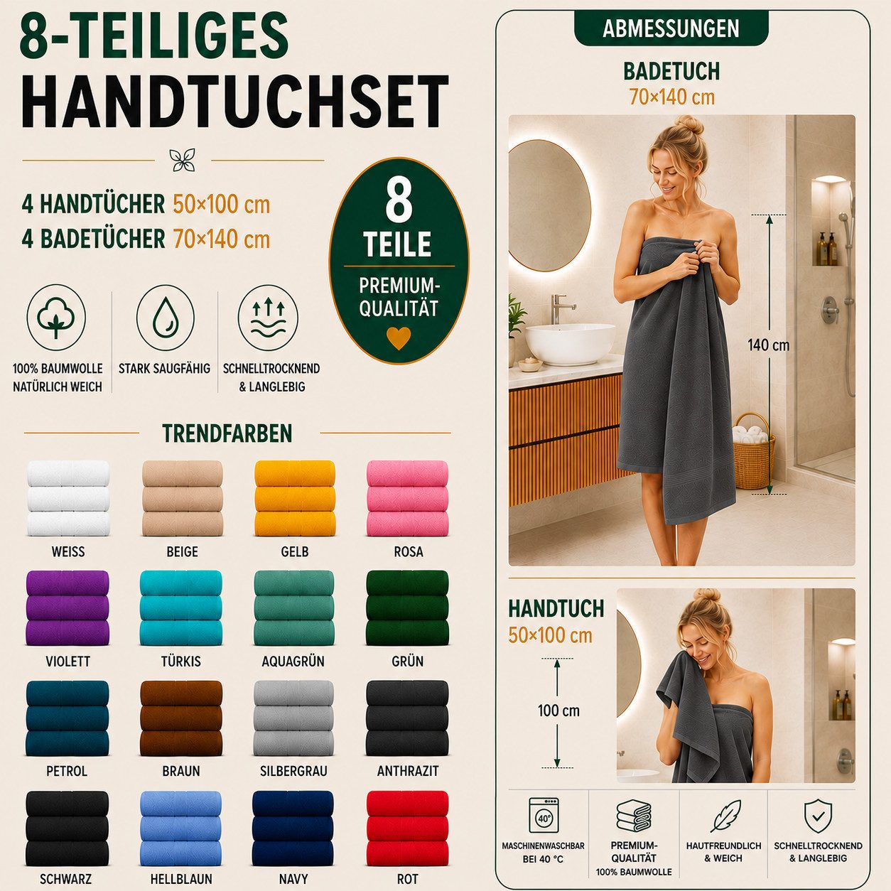 Komfortec Handtuch Set 8x Handtuch & Badetuch Set - 4er 50x100 + 4er 70x140 cm, Frottee (Set, 8-St), 100% Baumwolle, 470 g/m2, mit Bordüre, Weich & Saugstark – Bild 2 von 5