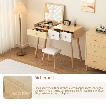 Rutaqian Schminktisch Kosmetiktisch Mit Spiegel aus Holz Mit 3 Schubladen,Geteilter Stauraum (Kommode für Schlafzimmer,B100/H78/T40 cm(ohne Hocker)