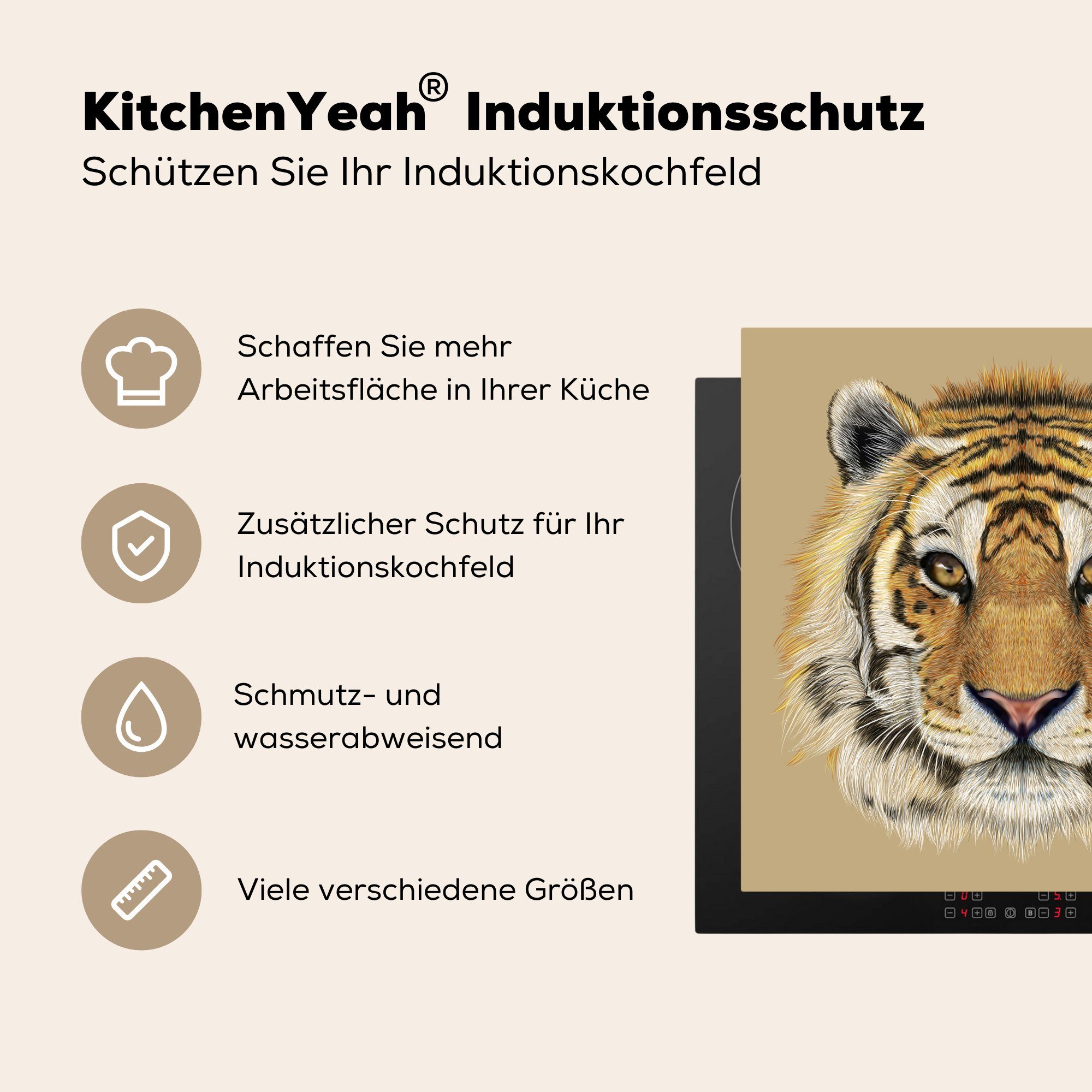 - cm, Herdblende-/Abdeckplatte Vinyl, Tiger Arbeitsplatte (1 küche Tiere, - MuchoWow Jungtier tlg), 78x78 für Ceranfeldabdeckung,