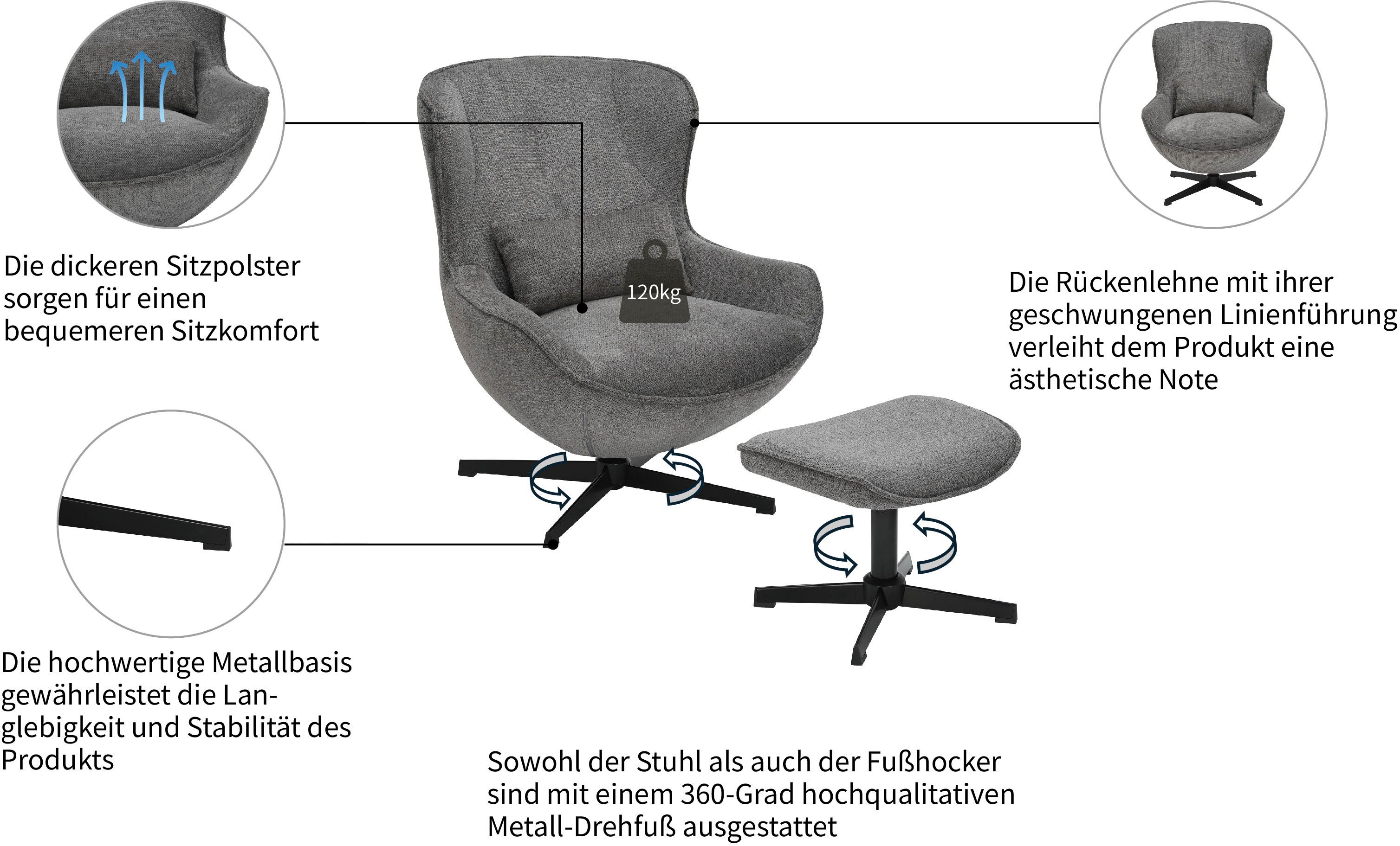 OTTO home Sessel YOLLI Relaxsessel, TV-Sessel mit Hocker, 360° Grad drehbar