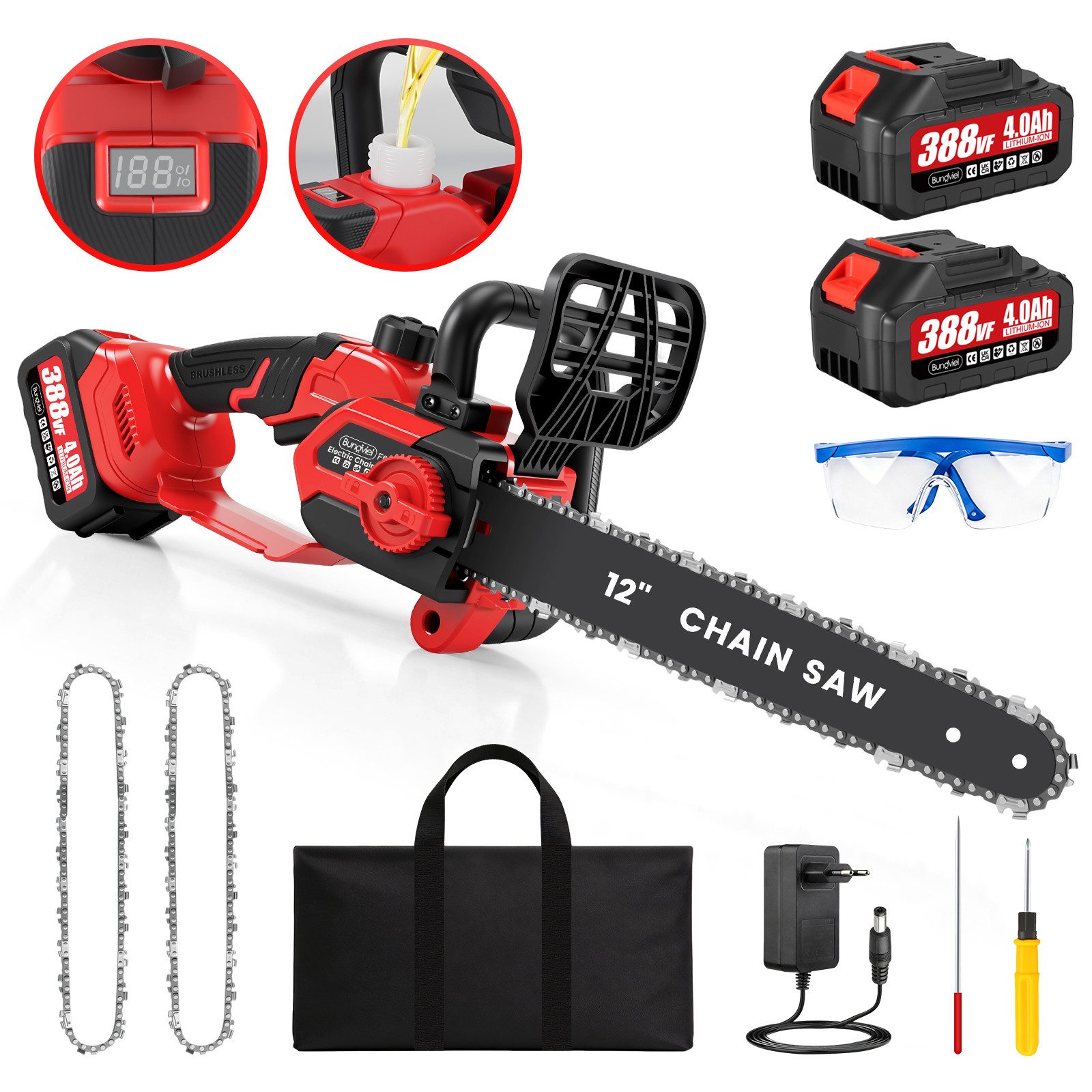 Bundviel Akku-Kettensäge 8 Zoll + 6 Zoll Elektro Mini Kettensäge mit 2x 4.0Ah Akkus, Mehrfacher Sicherheitsschutz, für Garten Holz und Astscheren
