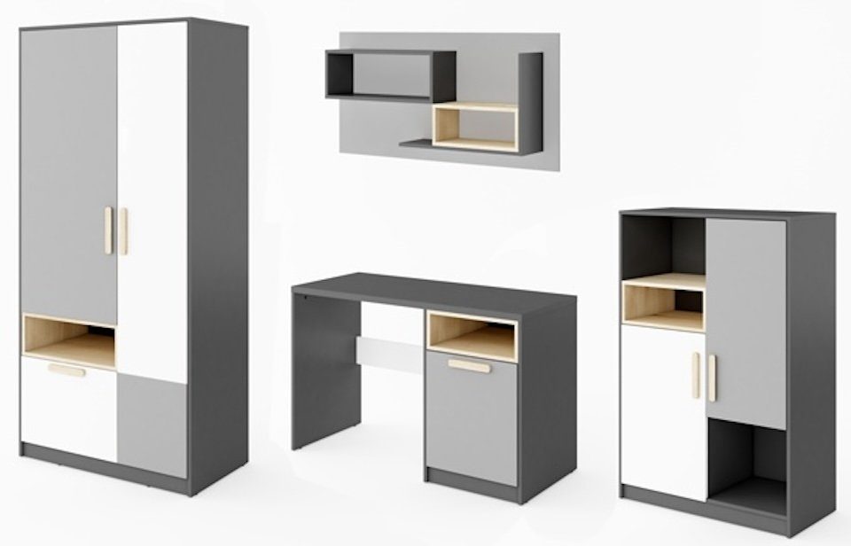 Feldmann-Wohnen Jugendzimmer-Set Pok, (Pok, 4-teiliges Möbelset für Kinder- und Jugenzimmer), 4-teilig graphit / grau / weiß / Buche Ibsen