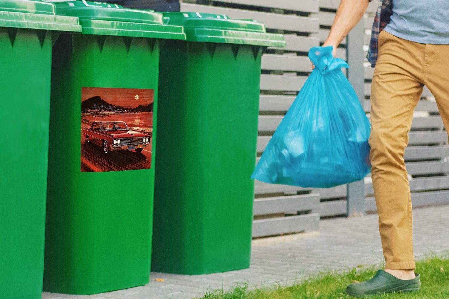 Mülleimer-aufkleber, Abfalbehälter Container, Illustration Bergen (1 MuchoWow Sonnenuntergang St), bei Sticker, den Mülltonne, in Oldtimers eines Wandsticker
