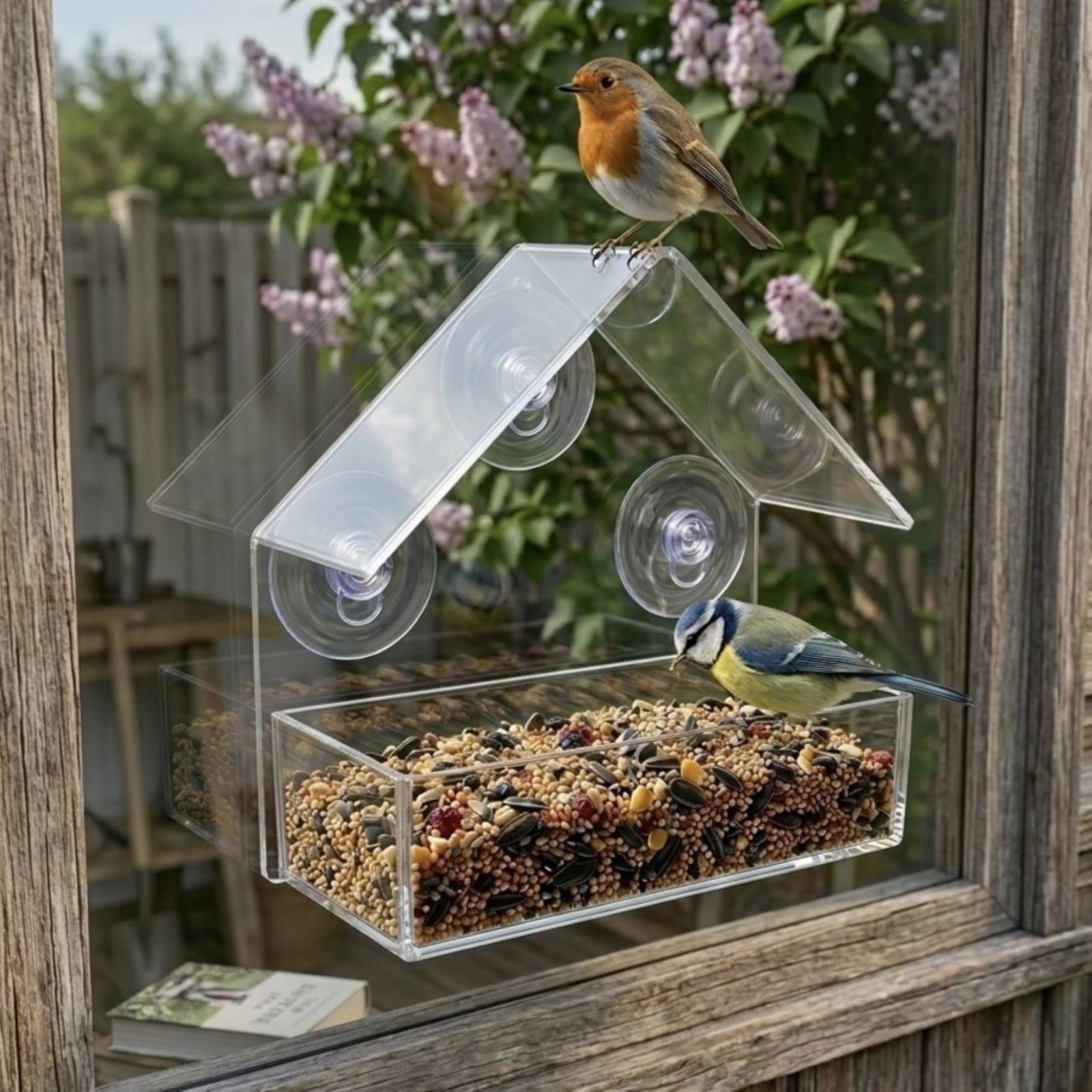 HAC24 Vogelhaus Fenster Vogel Futterhaus Vogelfutterhaus, Wetterfest 15 x 6 x 14,5 cm Kunststoff Transparent 3 Saugnäpfen