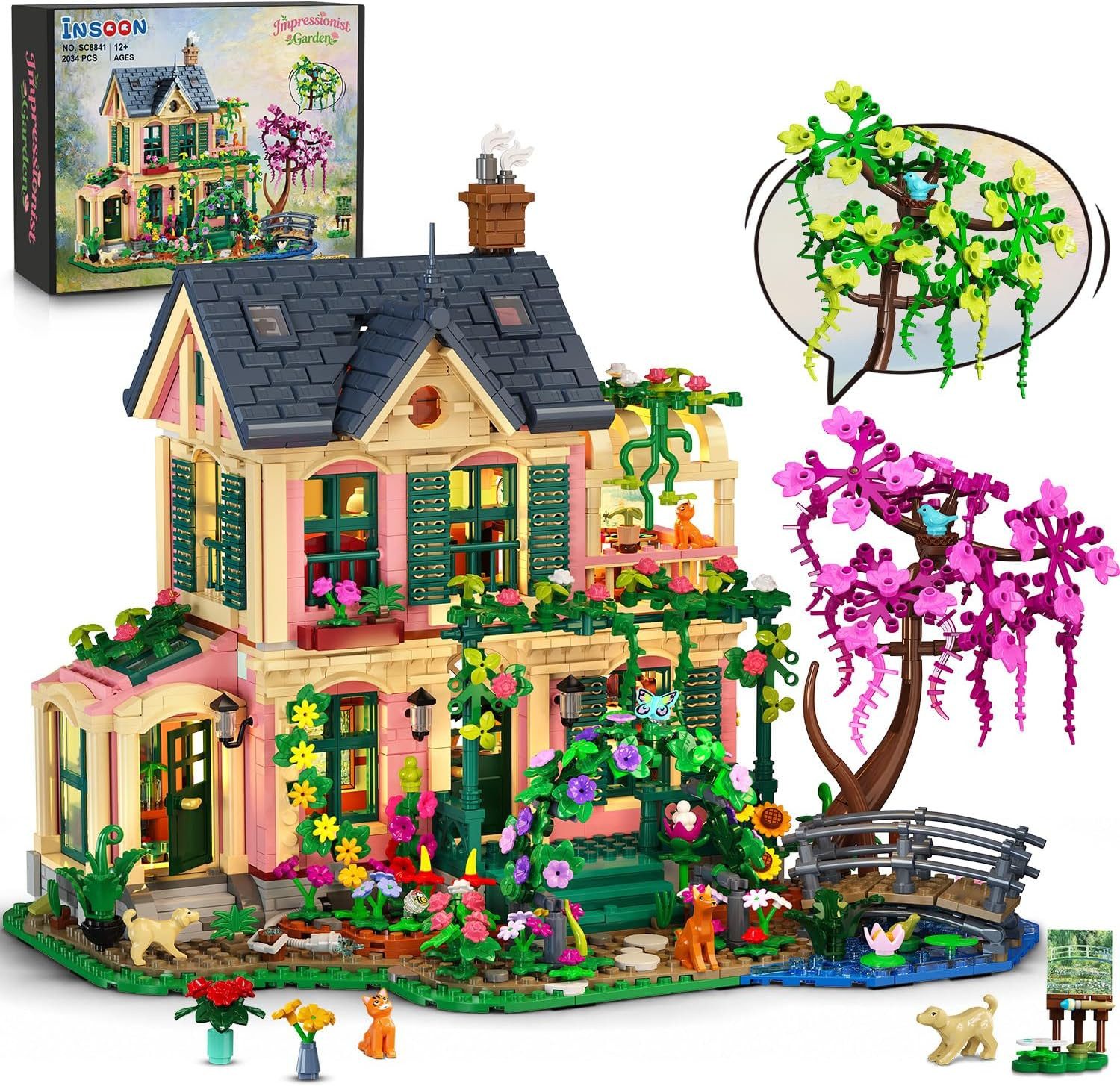 INSOON Gartenhaus Klemmbausteine mit Licht für Erwachsene Spielbausteine, (Set, 2034 St., mit Blumengarten Brücke, Hausmodell Deko Bausteine Geschenk), 2034Stück Zwei-Jahreszeiten Künstlervilla Bauset