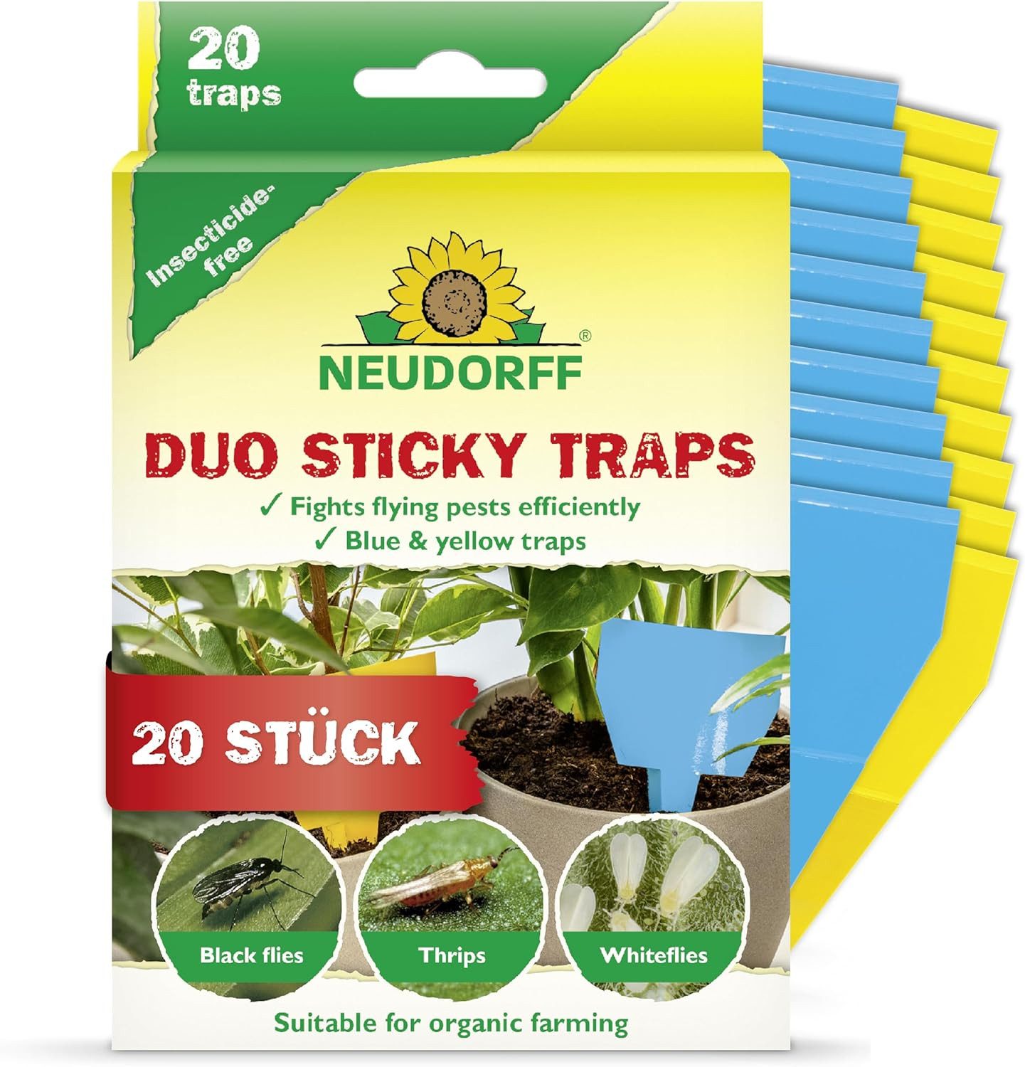 Neudorff Insektenfalle Duo Sticky Traps je 10 Gelbsticker und Blausticker, Gelb- und Blausticker mit Farbwirkung gegen Pflanzenschädlinge