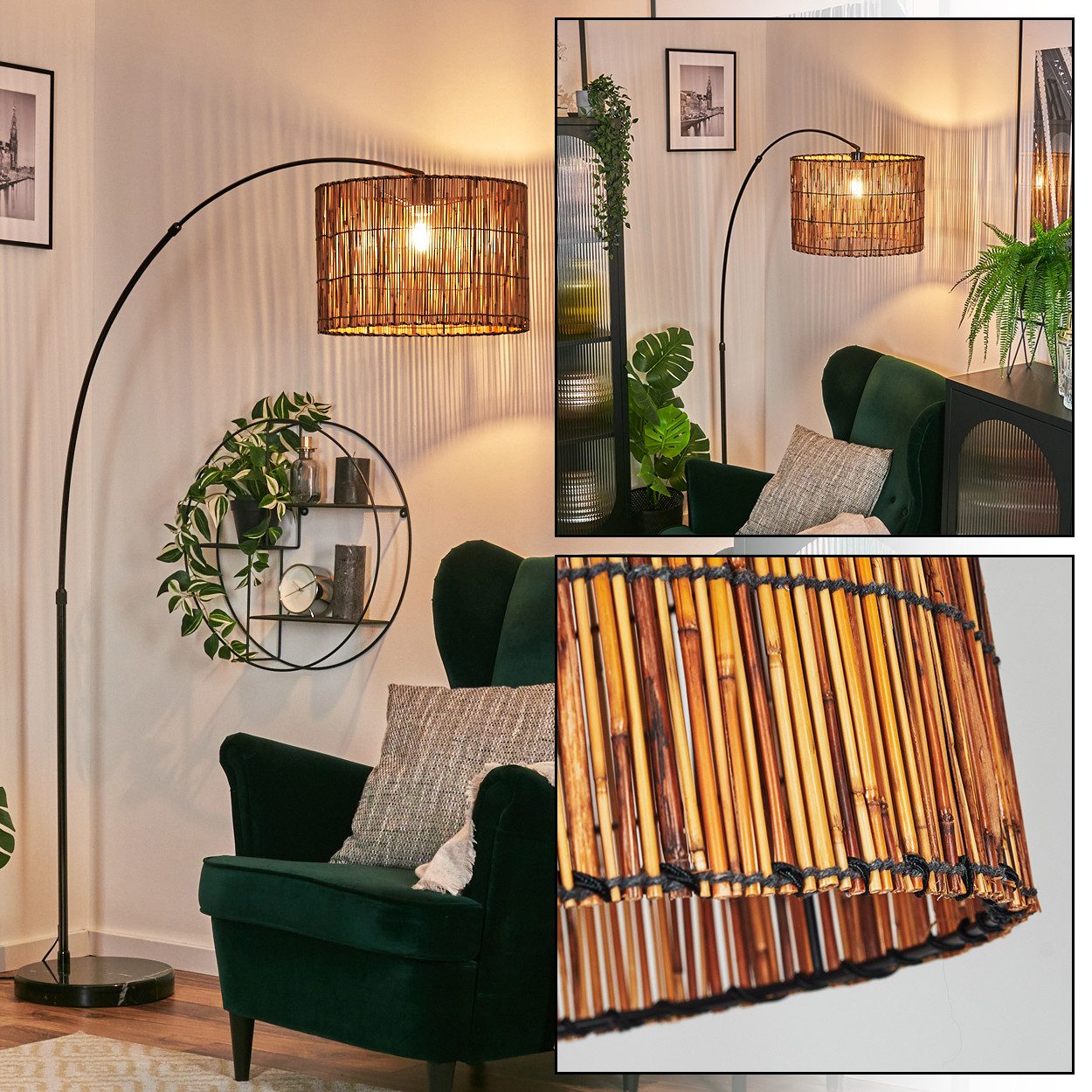 hofstein Bogenlampe Stehlampe mit Marmorfuß aus Metall/Bambus in Schwarz/Chrom/Natur, verstellbare Leuchte im Vintage-Design, Lichteffekt, Fußschalter, E27