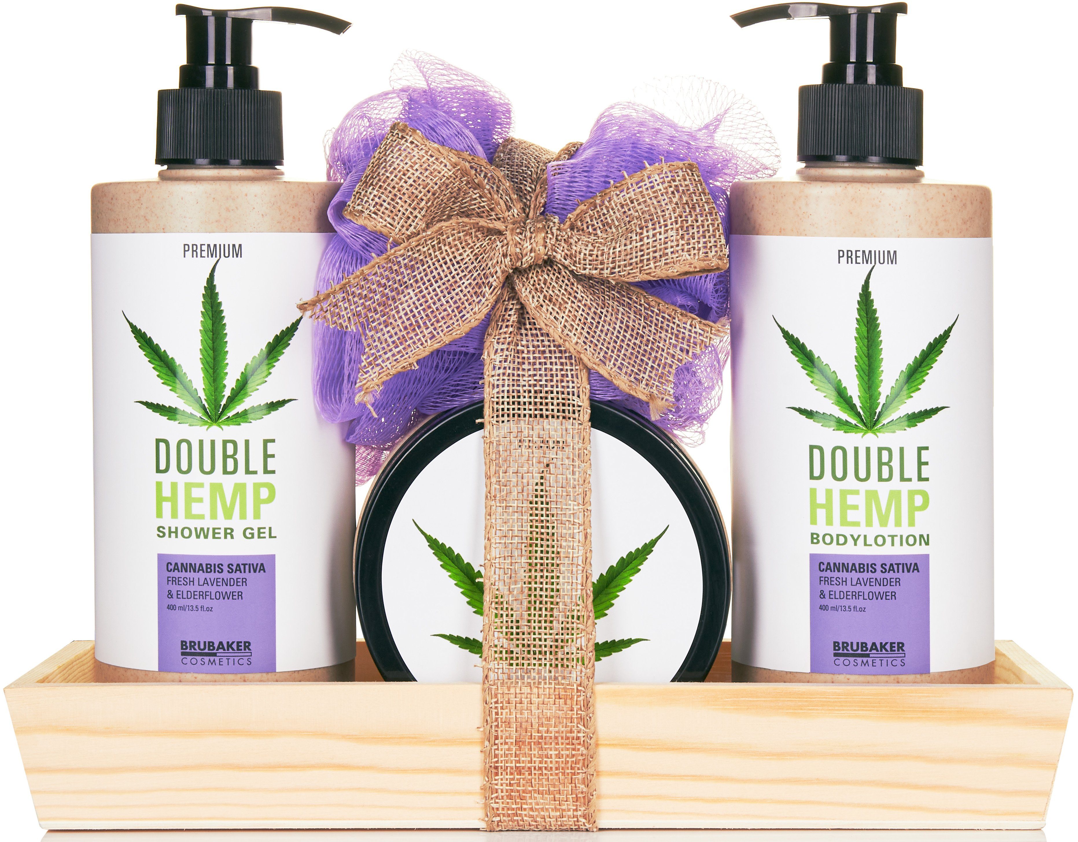 BRUBAKER Pflege-Geschenkset Beauty Geschenkset Lavendel & Holunderblüten Duft, 5-tlg., Damen Hanf Badeset mit Deko-Tablett aus Holz, Pflegeset für Frauen
