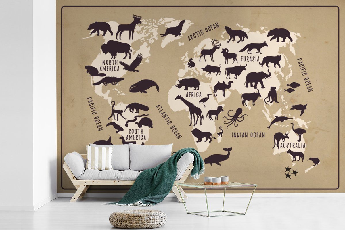 Kinderzimmer, Tiere, Matt, - Weltkarte Wallpaper St), (6 Schlafzimmer, Beige Wohnzimmer, Tapete Fototapete bedruckt, für - Vinyl MuchoWow