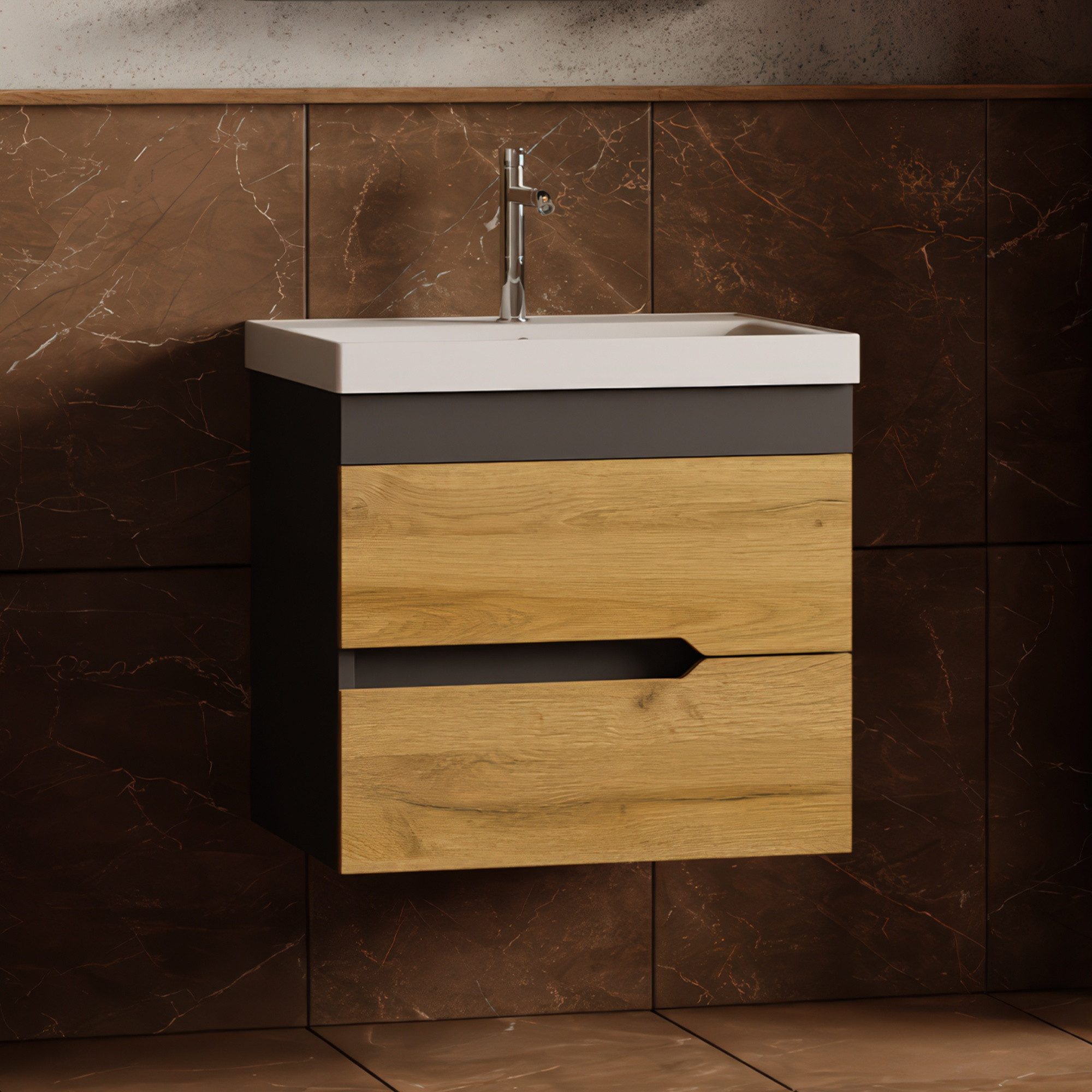 Karen Waschtisch-Set Waschtisch mit Unterschrank Marmara, (3-St., Unterschrank mit Schubladen, Keramikwaschbecken), Innovatives Design, MDF Lam, Softclose, Funktionalität