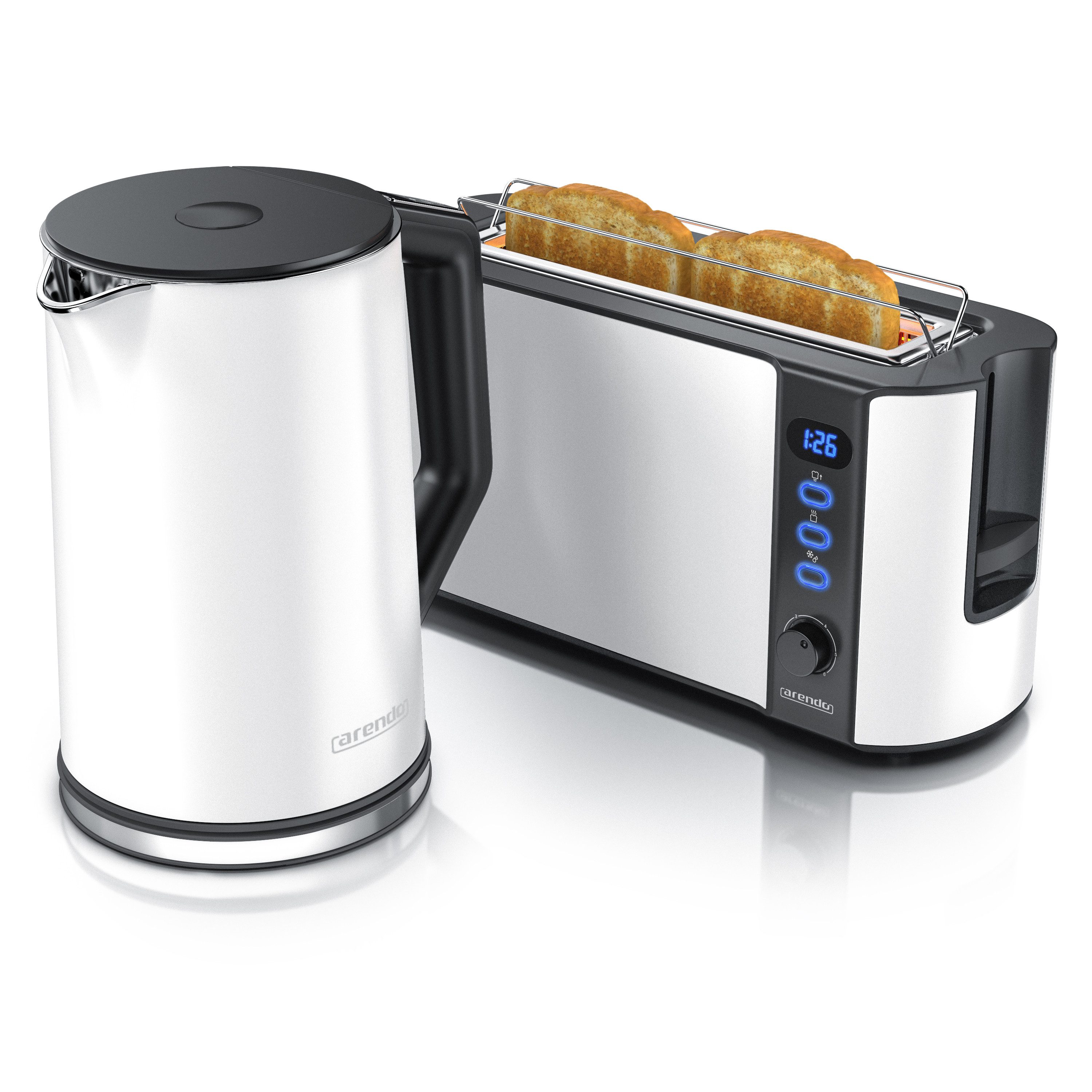 Arendo Frühstücks-Set Wasserkocher 1,5l & 2-Scheiben Langschlitz Toaster, Edelstahl, Weiß (2-tlg), Wasserkocher mit Temperaturwahl, Toaster mit Brötchenaufsatz