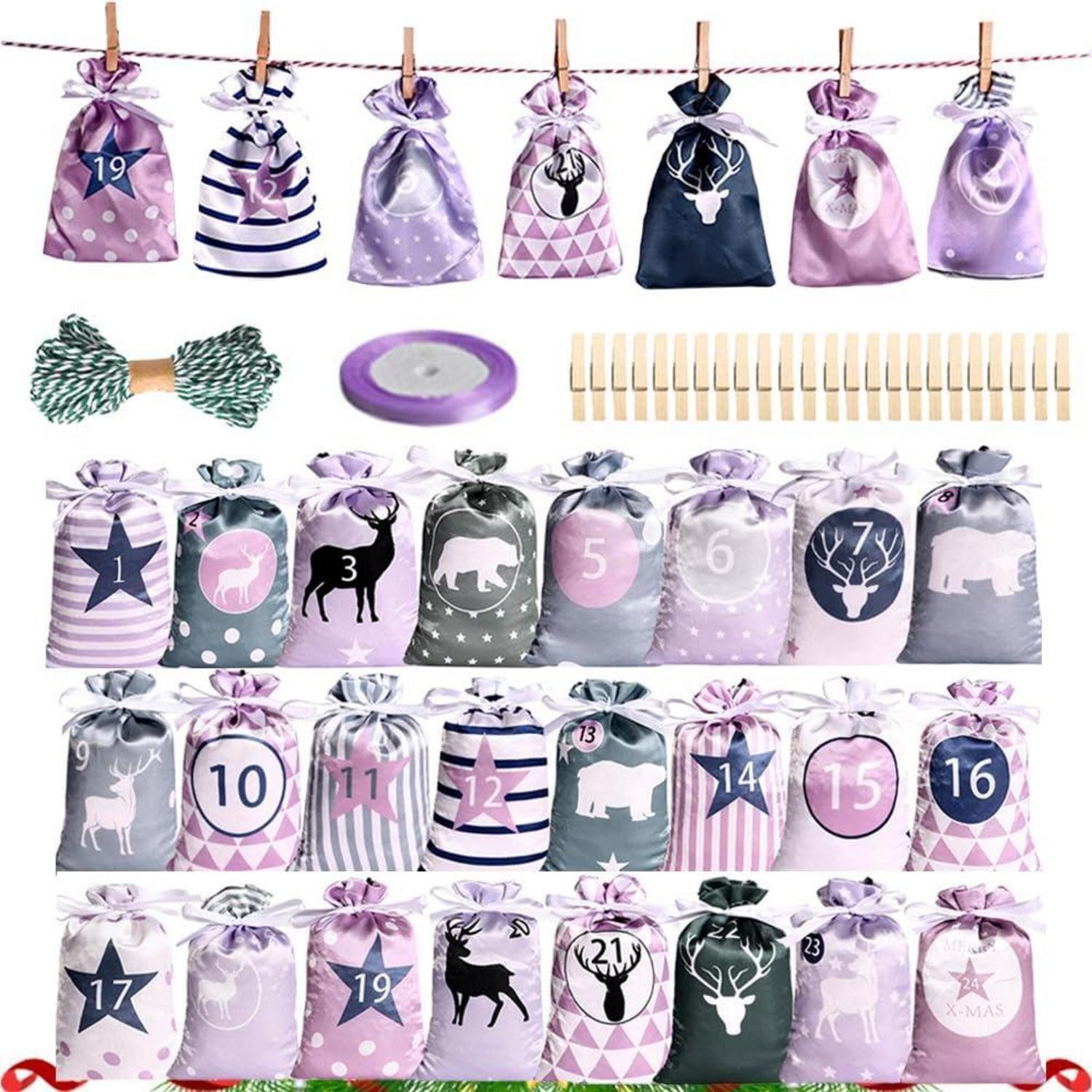 LuxusKollektion DIY-Adventskalender Adventskalender Stoffbeutel DIY 24 Säckchen Rosa
