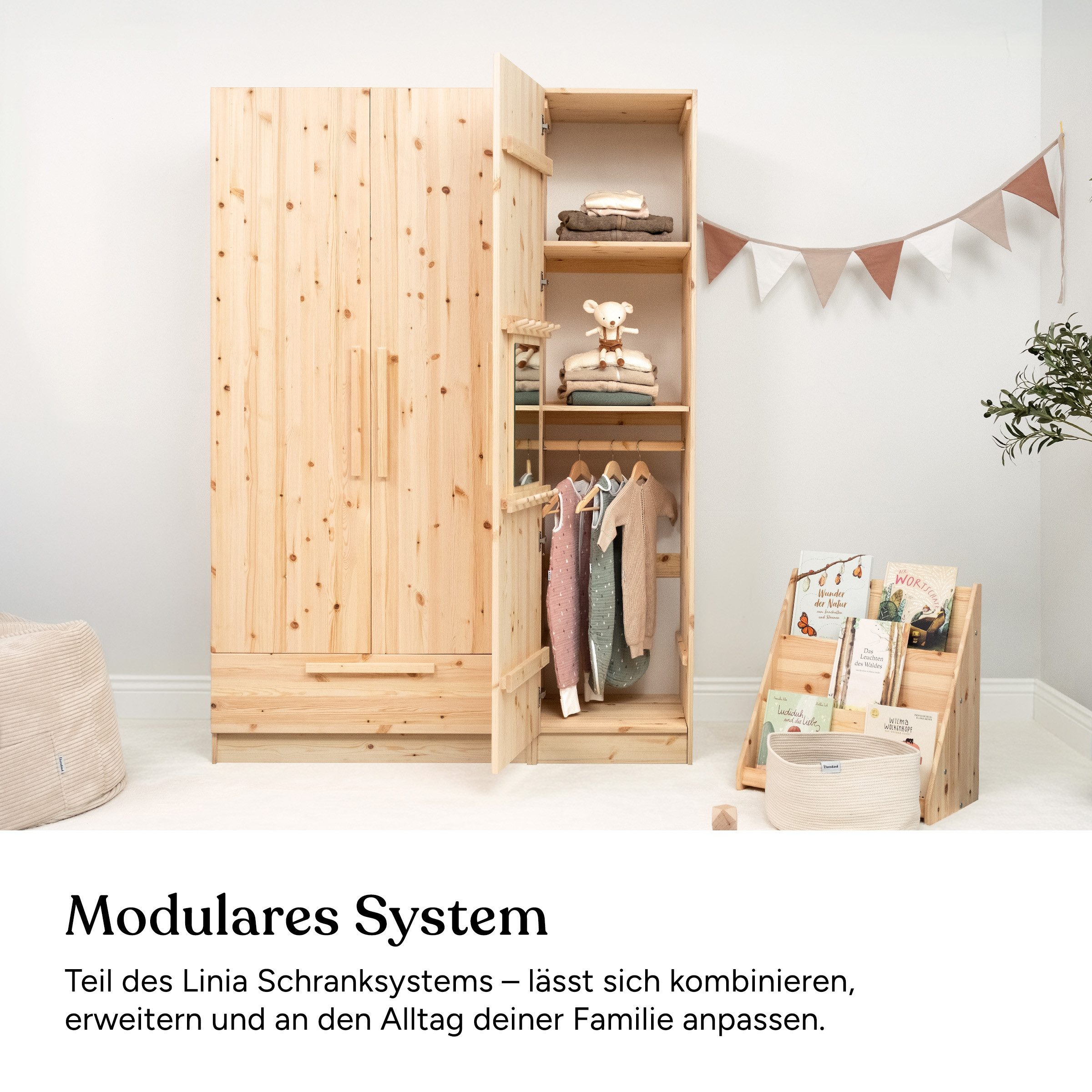 Ehrenkind Kleiderschrank Linia 50 cm schmal aus Kiefernholz (inkl. Kleiderstange und 2 Einlegeböden, flexibel anpassbare Innenaufteilung) mit Soft-Close-System und Wandbefestigung für Kippschutz