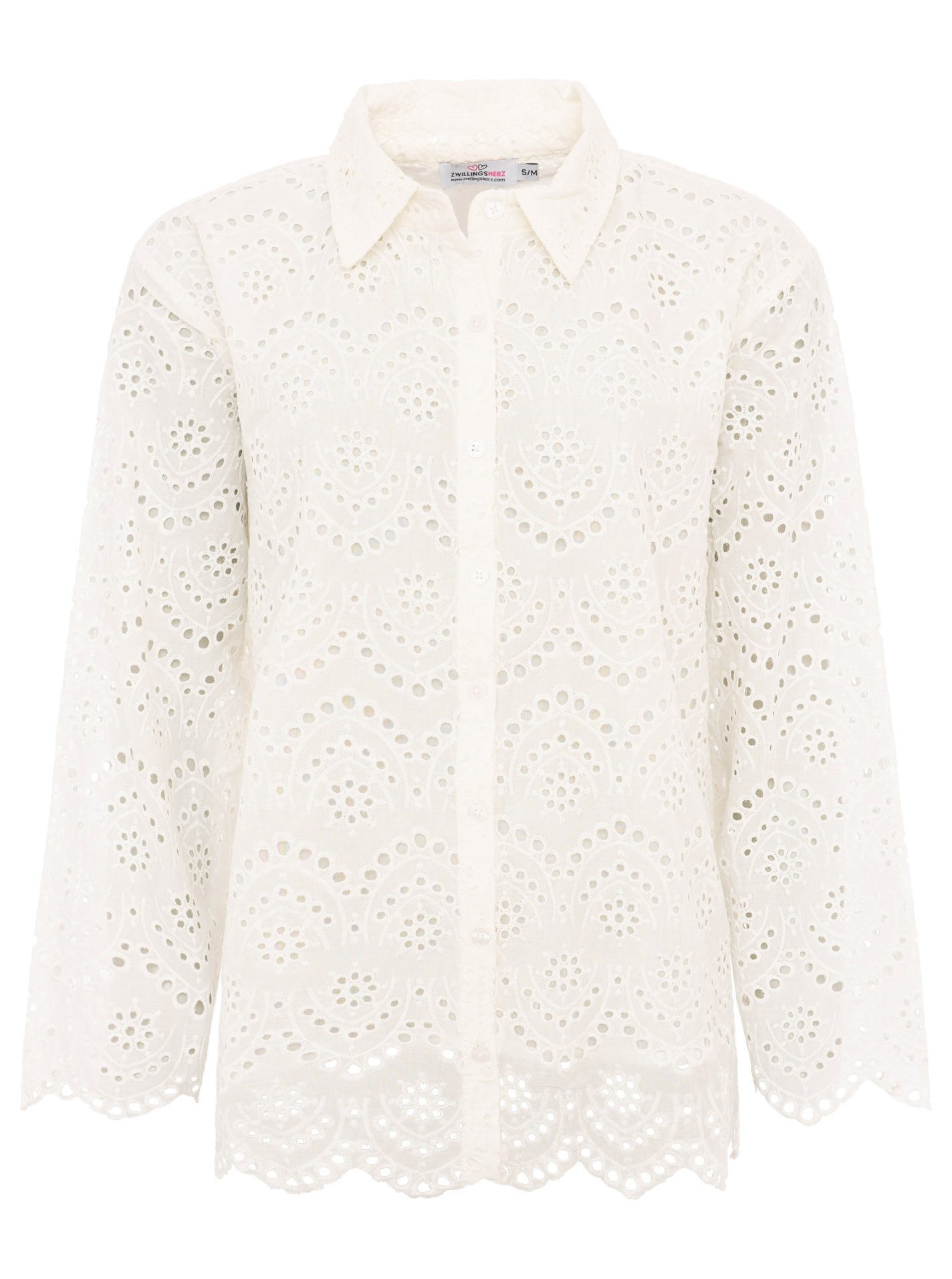 Zwillingsherz Kurzarmbluse "Lochstickerei" langarm, mit Kragen, Lochspitze, Knopfleiste