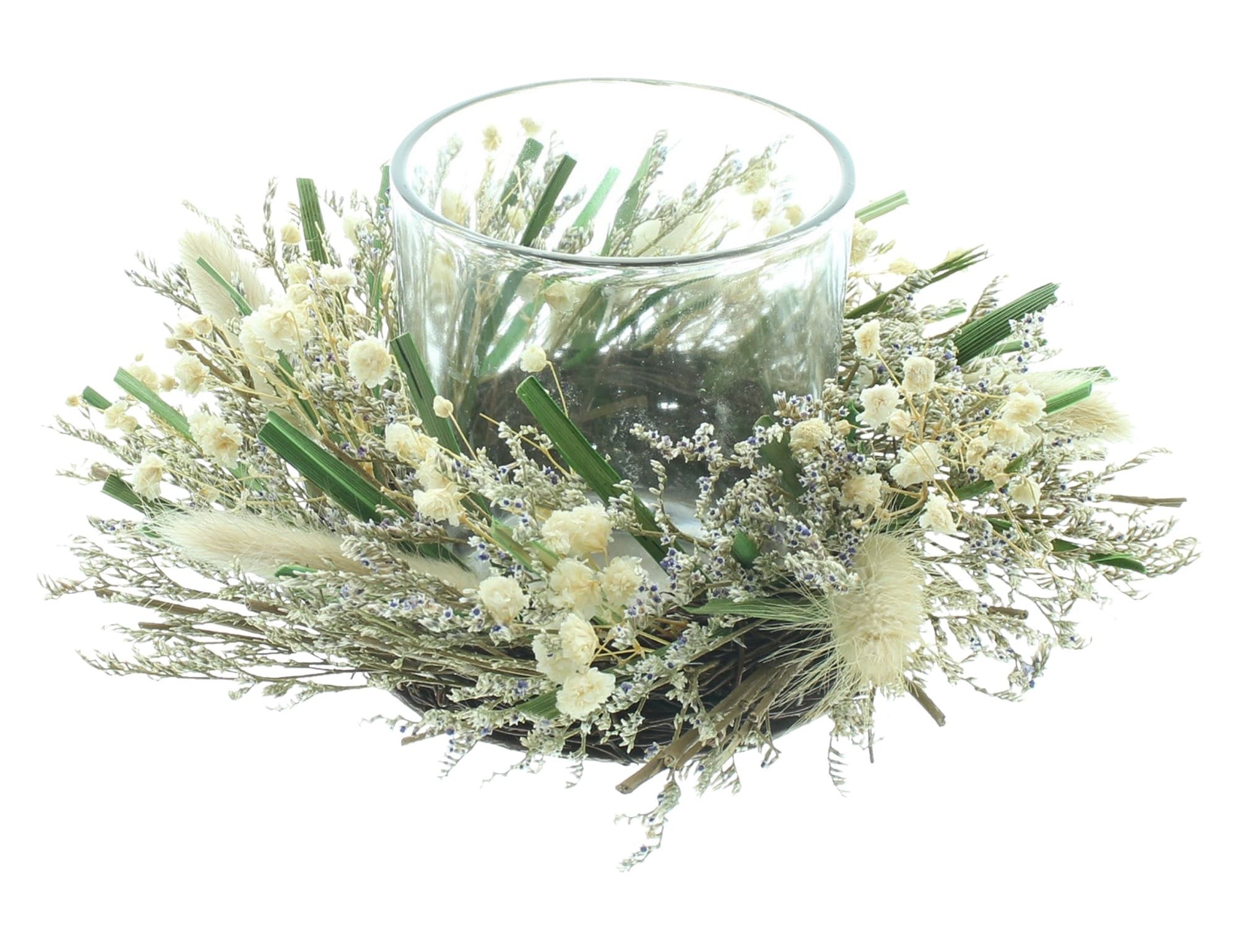 Dekoleidenschaft Windlicht "Trockenblumen" kleiner Dekokranz Ø 18 cm, Tischkranz mit Kerzenglas, Rattan-Kranz mit Gräsern, Trockenblumen und Glaswindlicht