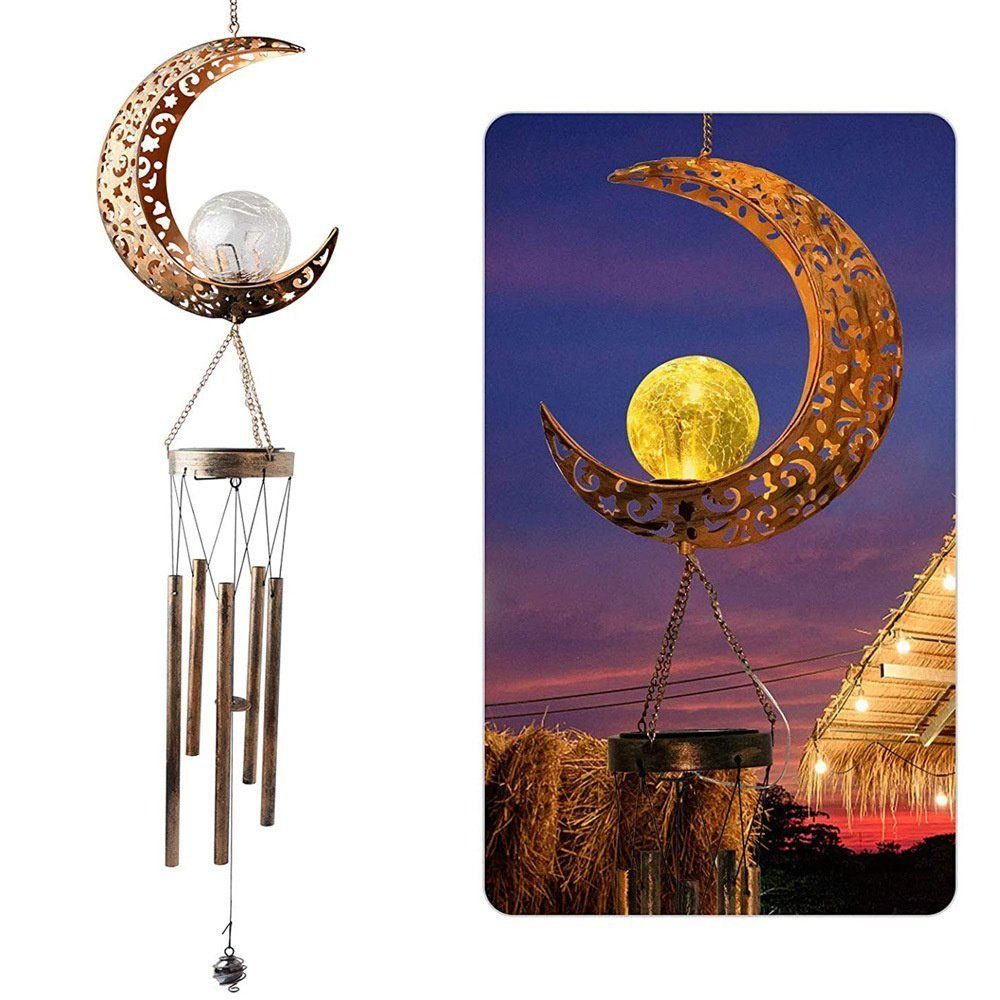 Housruse Windspiel Windspiele für Draußen, Metall Solar Mond Windspiel  Hängend LED Licht