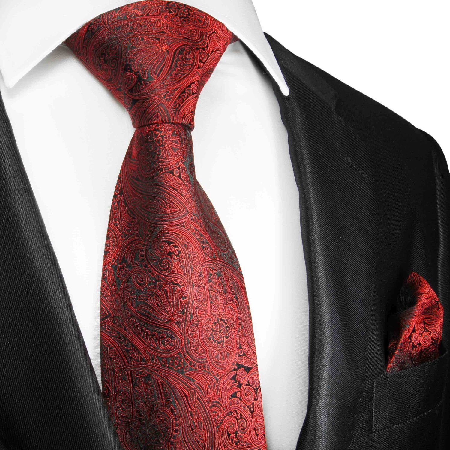 (8cm), Krawatte Seide mit 586 paisley Krawatte Tuch Seidenkrawatte Breit Herren 2-St., brokat Einstecktuch) (Set, 100% mit rot Elegante Malone Paul
