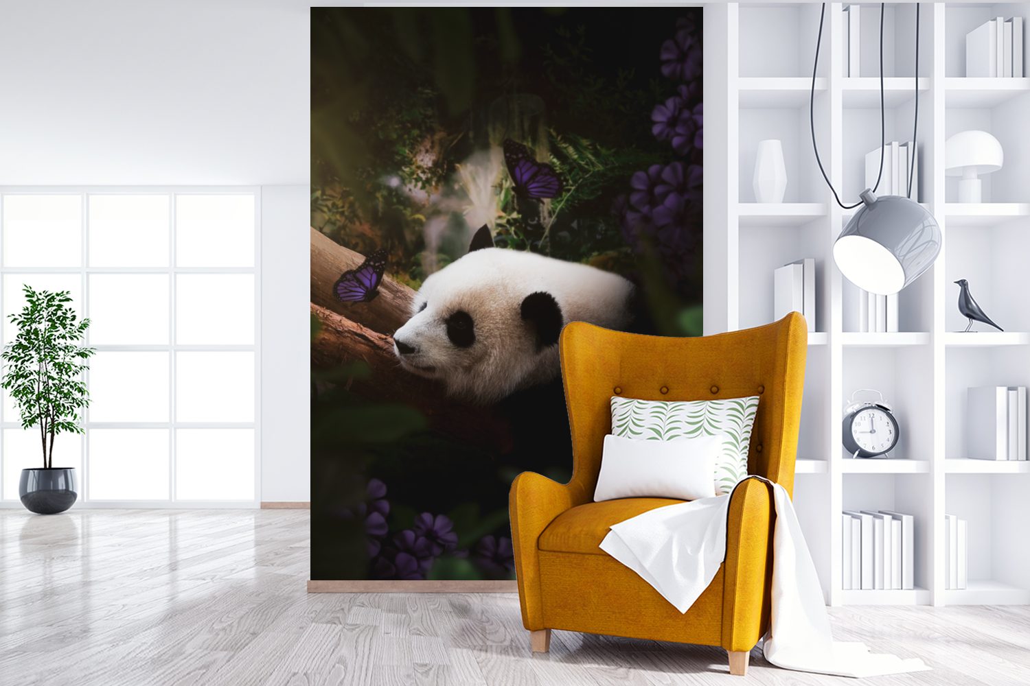 St), Wandtapete Montagefertig - Wohnzimmer, Panda - - Fototapete Schmetterling Dschungel (3 Lila, Matt, bedruckt, Tapete Vinyl für MuchoWow