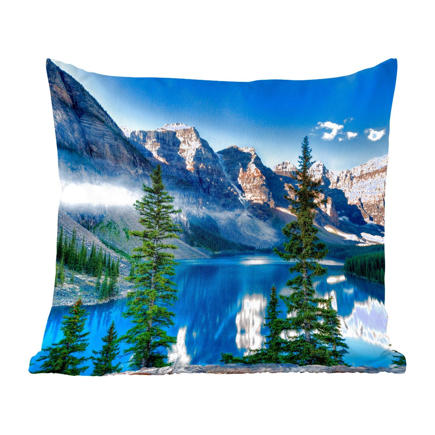 MuchoWow Dekokissen Nebliger Morgen über dem nordamerikanischen Moraine Lake in Kanada, Zierkissen mit Füllung für Wohzimmer, Schlafzimmer, Deko, Sofakissen