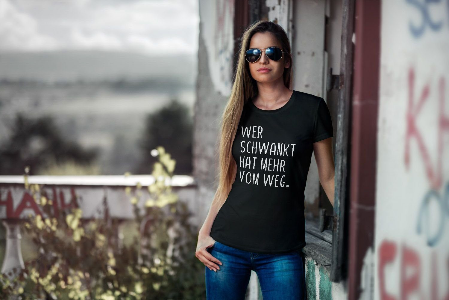 vom Print-Shirt Trink Wer Shirt Moonworks® lustiges hat Damen Saufen T-Shirt schwankt mehr Weg mit Print Bier Party MoonWorks