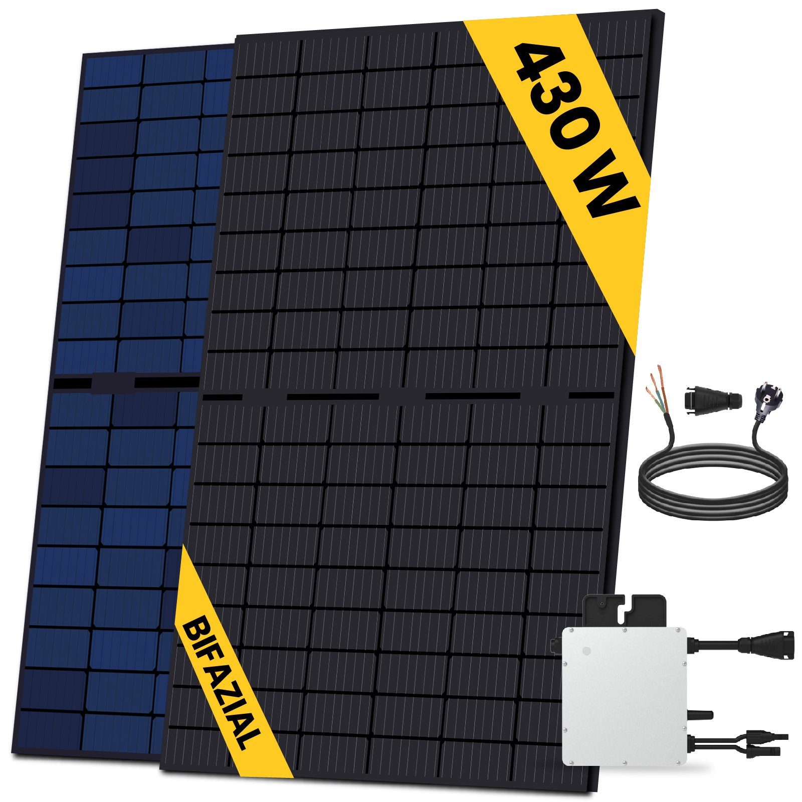 SOLAR-HOOK etm Solaranlage 430W Bifazial Balkonkraftwerk Komplettset, mit HMS-400-1T Wechselrichter und 10m Schukostecker