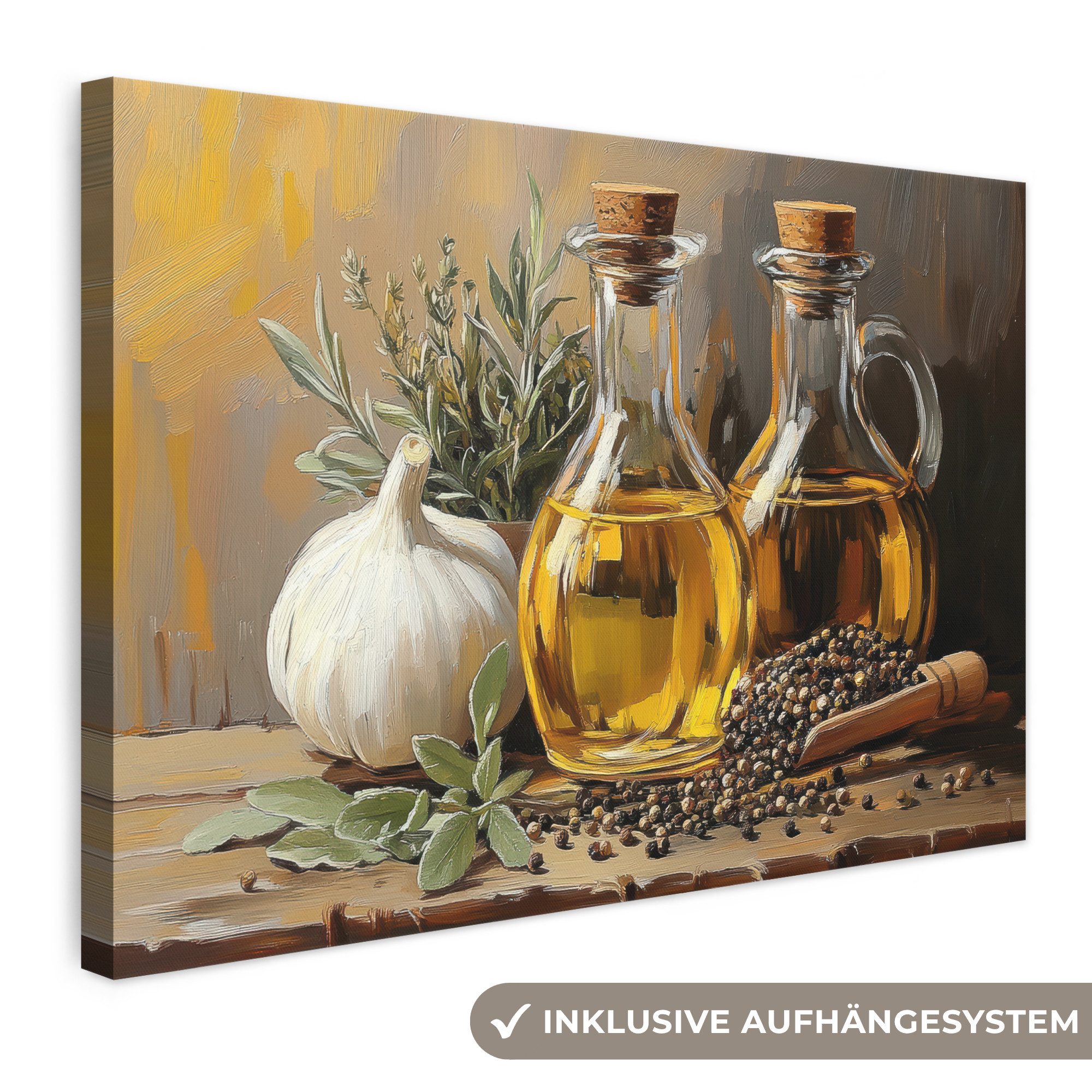 OneMillionCanvasses® Leinwandbild Stilleben - Olivenöl - Knoblauch - Kräuter, Fotodruck (1 St), Leinwand Bilder Klein, Wand Dekoration Aesthetic 30x20 cm