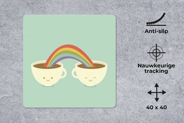 MuchoWow Gaming Mauspad Eine Illustration eines Regenbogens über zwei Tassen Kaffee (1-St), Mousepad mit Rutschfester Unterseite, Gaming, 40x40 cm, XXL, Großes