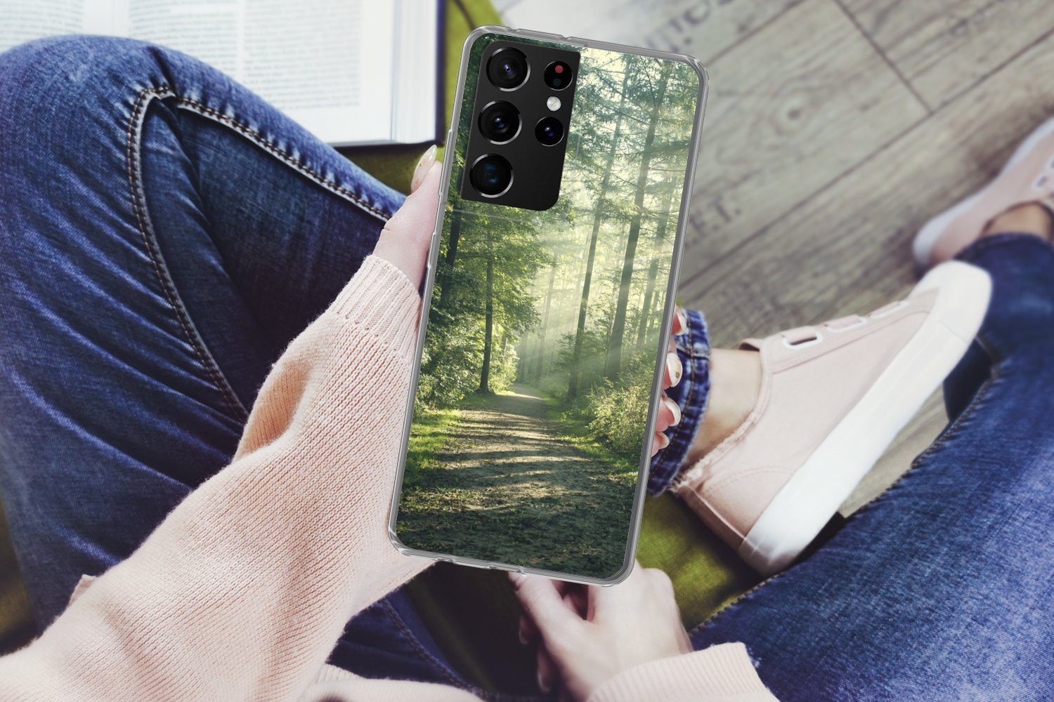 MuchoWow Handyhülle für Samsung Galaxy S21 Ultra Wald - Weg - Sonne - Bäume - Grün - Natur, Phone Case, Silikon, Schutzhülle Dünn