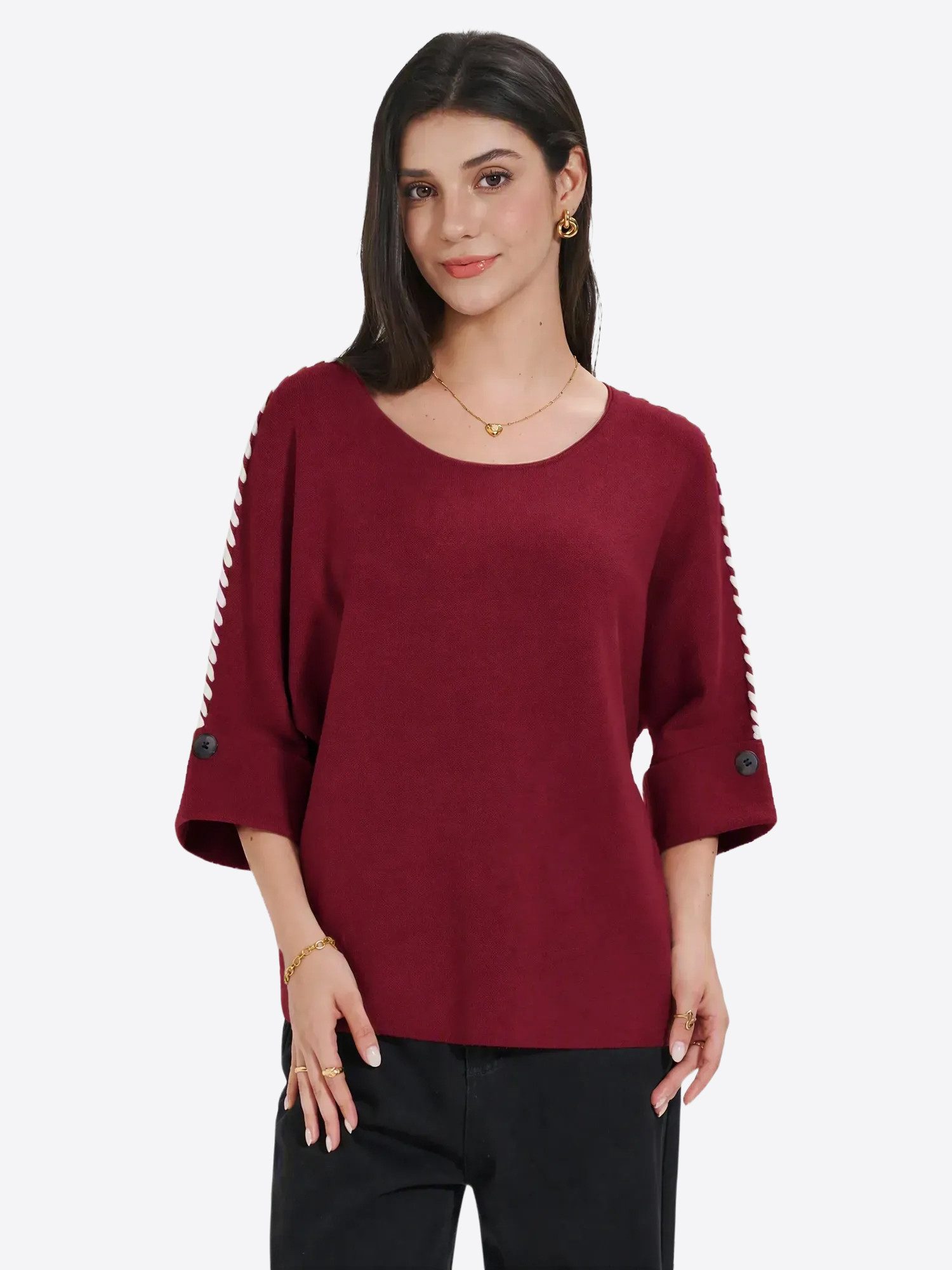 Imily Bela Strickpullover Damen pullover mit Fledermaus‑3/4‑Ärmeln und Kontrast‑Nahtdetails (Packung, 1-tlg., 1per-Pack) mit U‑Ausschnitt