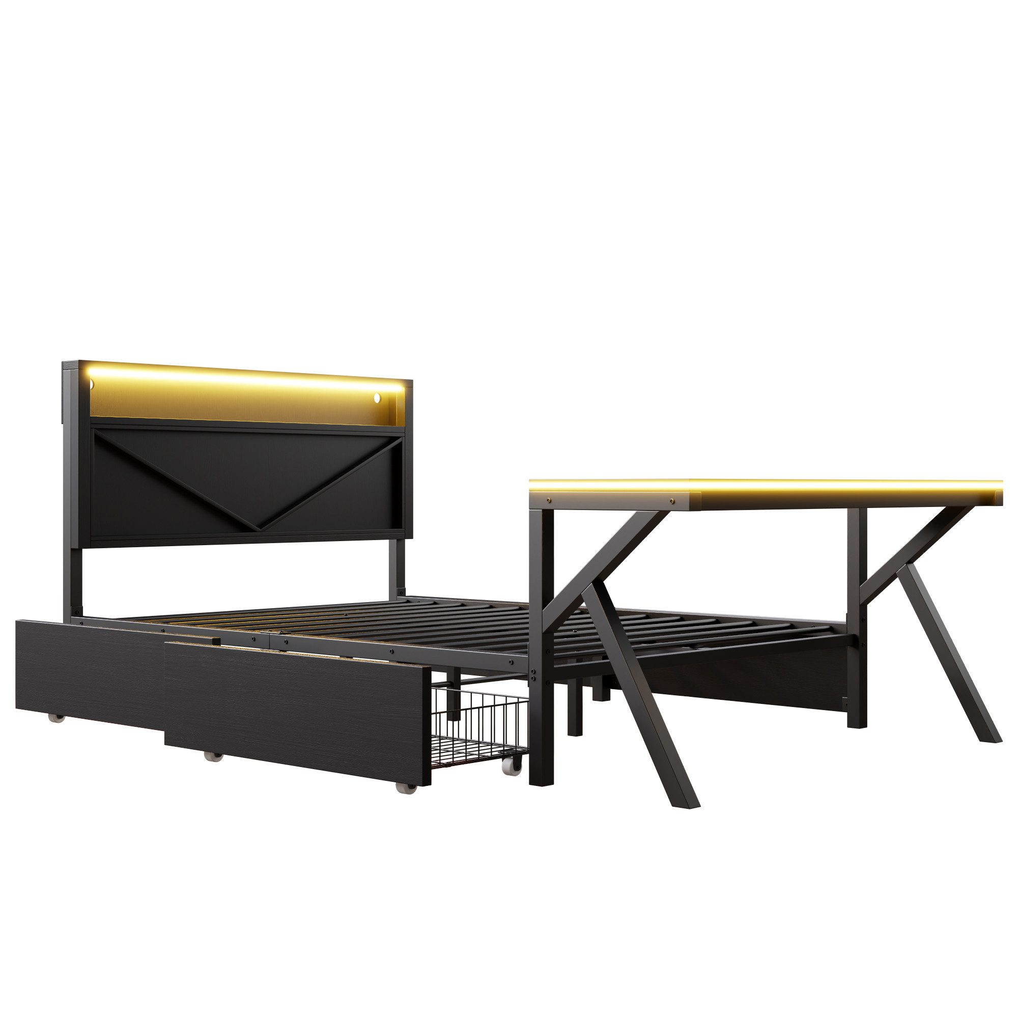 HAUSS SPOLE Youth Bed 140x200 with LED USB, Functional Bed with Desk and Storage