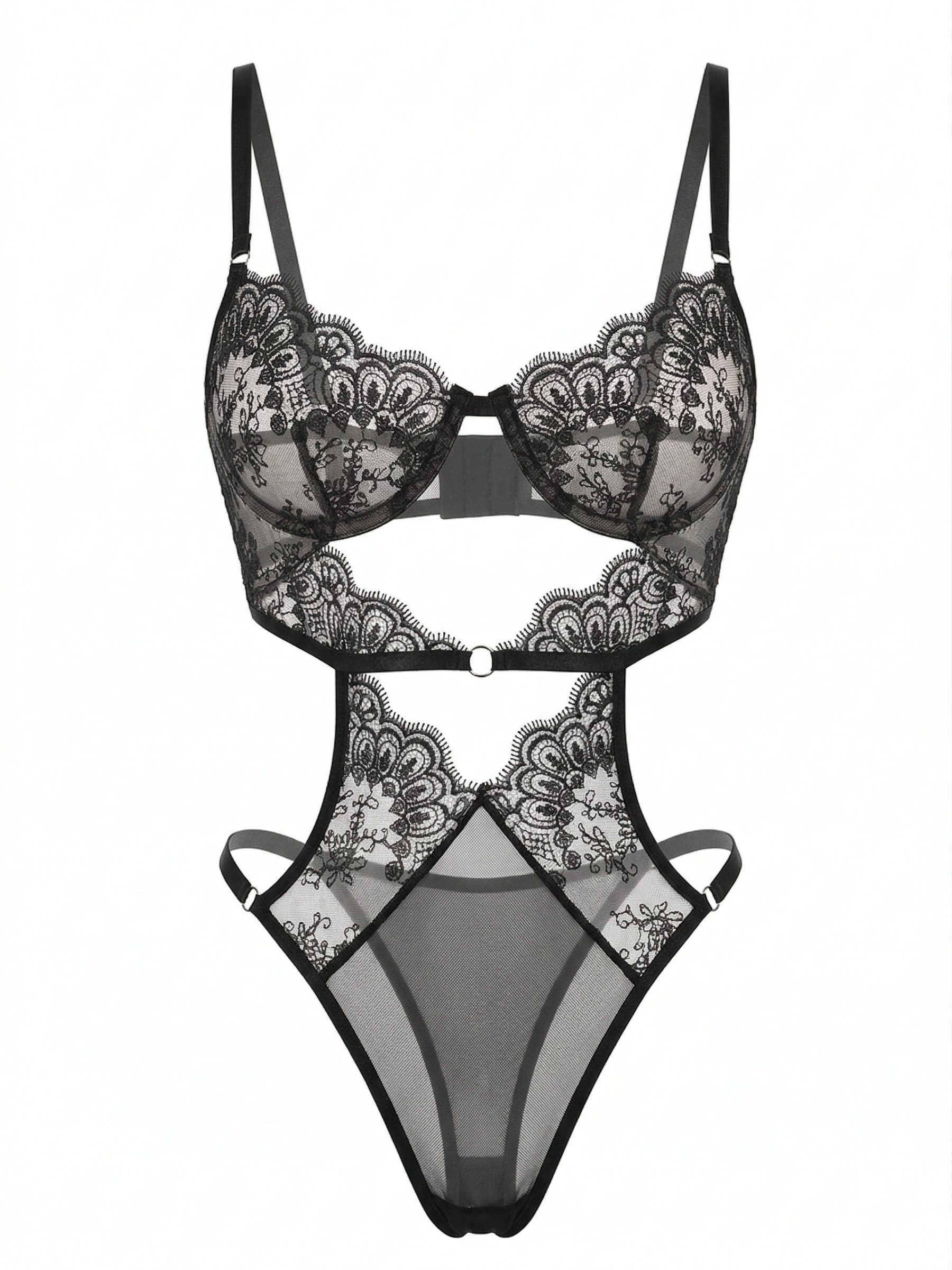Elegant Love Stringbody Schwarzer Spitzen-Body mit Bügelcups – sexy Dessous für Damen Reizwäsche Teddy: Lace-Optik, Mesh-Einsätze, High-Leg Stringcut