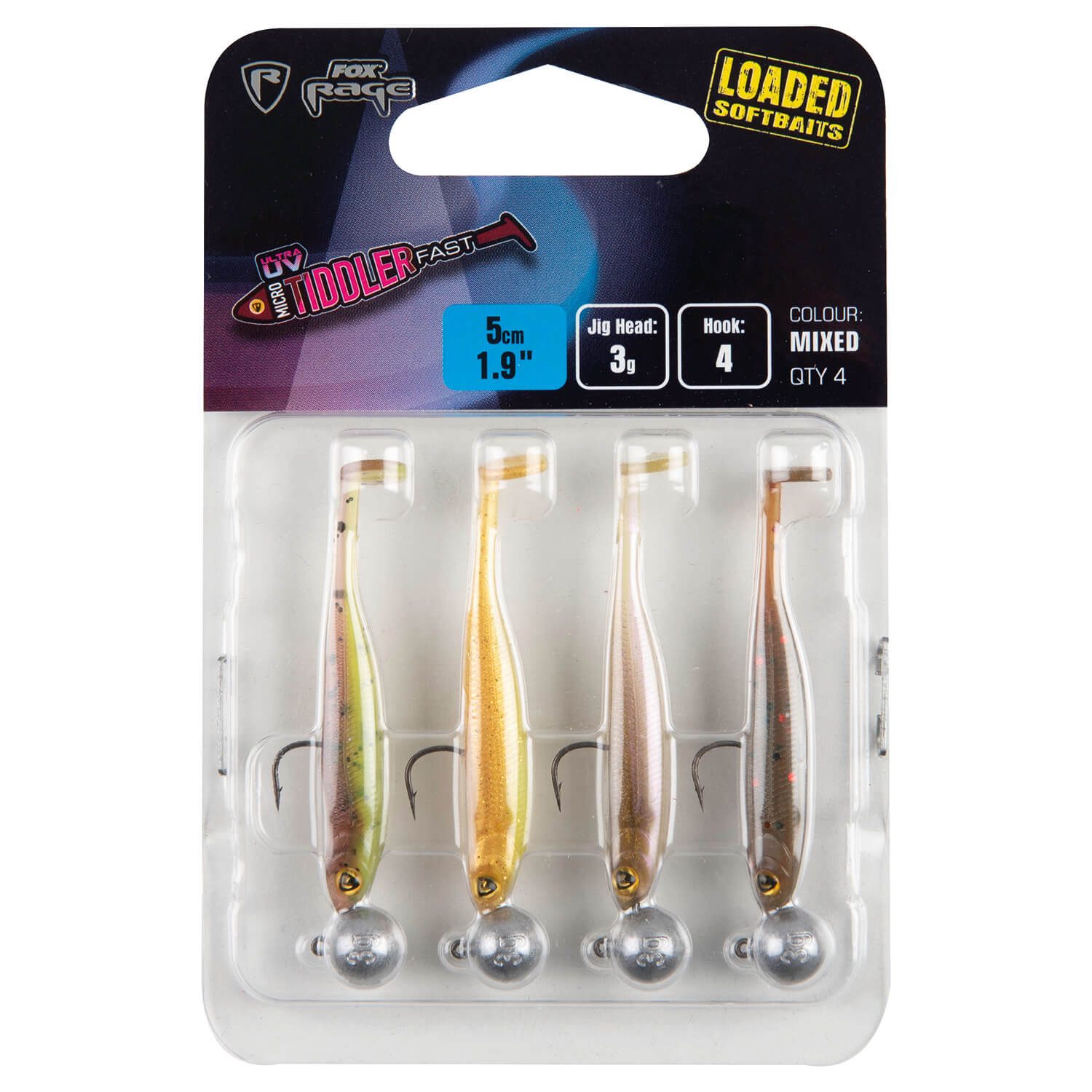 Kunstköder Fox Rage Micro Tiddler Fast UV mit Jighaken Gummiköderset 5cm 4Stk
