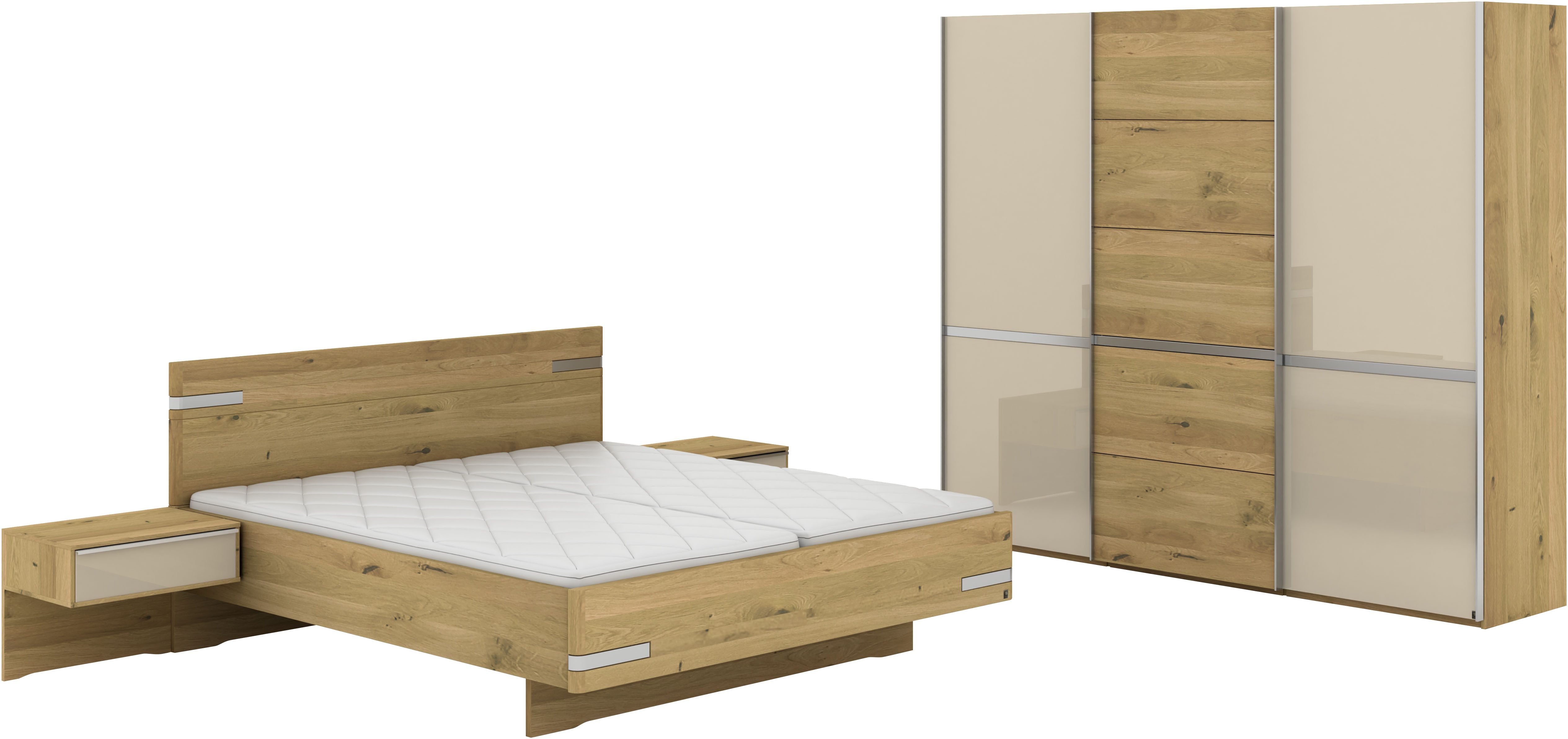 Musterring Schlafzimmer-Set Savona, Kleiderschrank, Bett & Nachtkommoden, teilmassiv Bianco-Eiche, (2er-Set Nachtschränke, Schwebetürenschrank, Bett 180x200 cm), Eiche- und Glastüren, Kopfteil Eiche, Konsolen Glasfront, Höhe 217cm