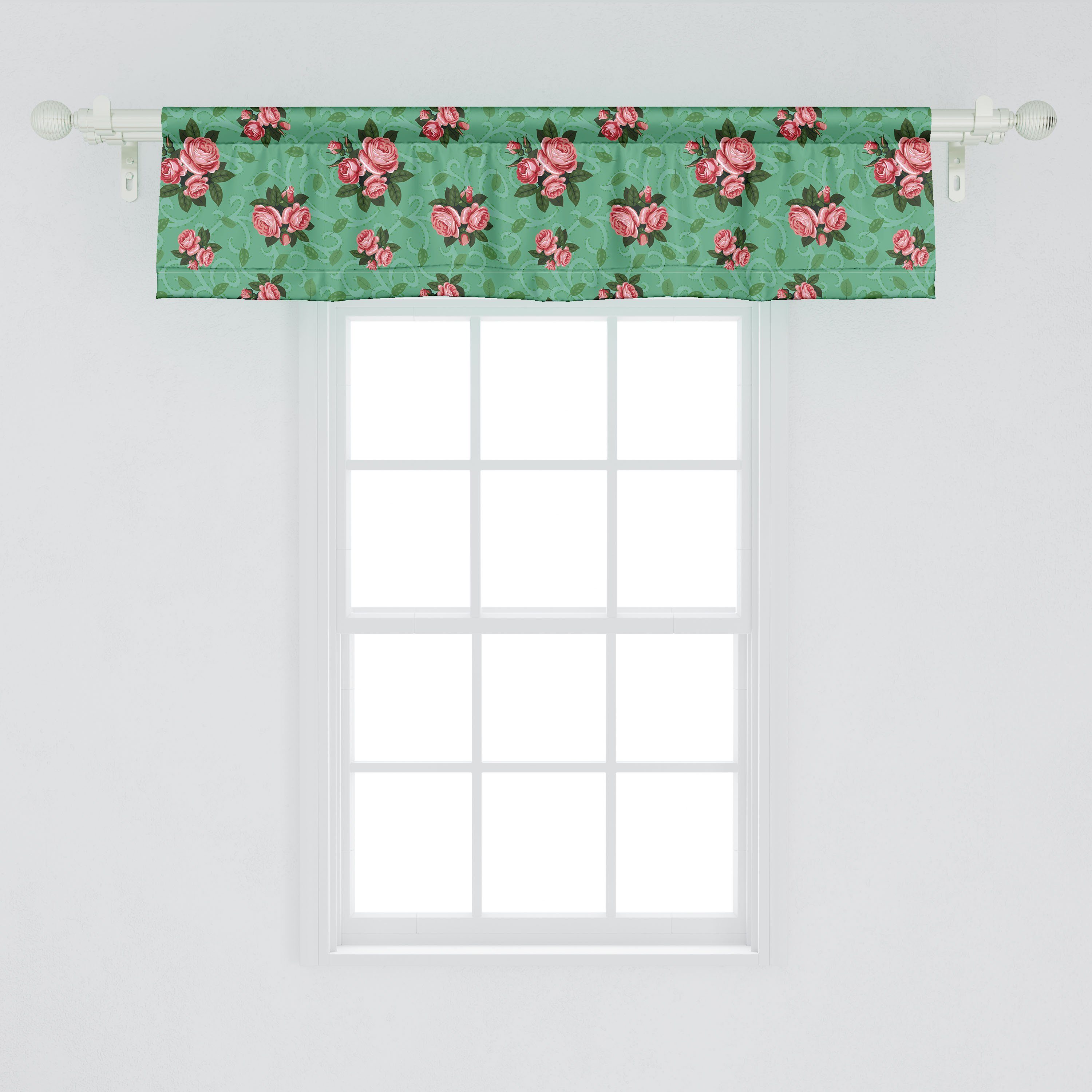 Scheibengardine Vorhang Volant für Küche Blumen Abakuhaus, Vintage Rosa Stangentasche, Schlafzimmer mit Microfaser, Dekor Rosen-Blätter