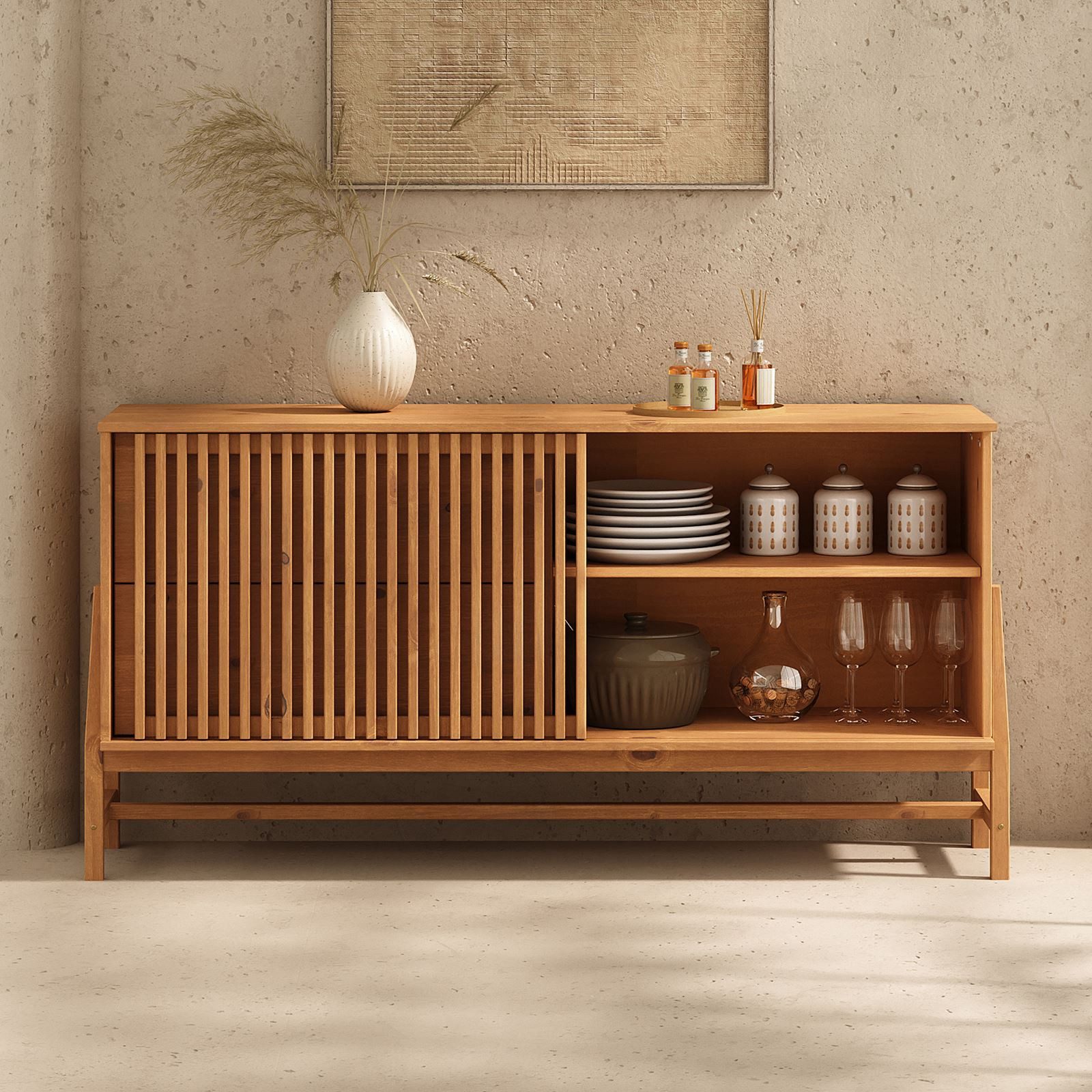 IDIMEX Sideboard ADAMO, Kommode 145 cm aus Massivholz mit Lamellen-Schiebetür Eiche Finish