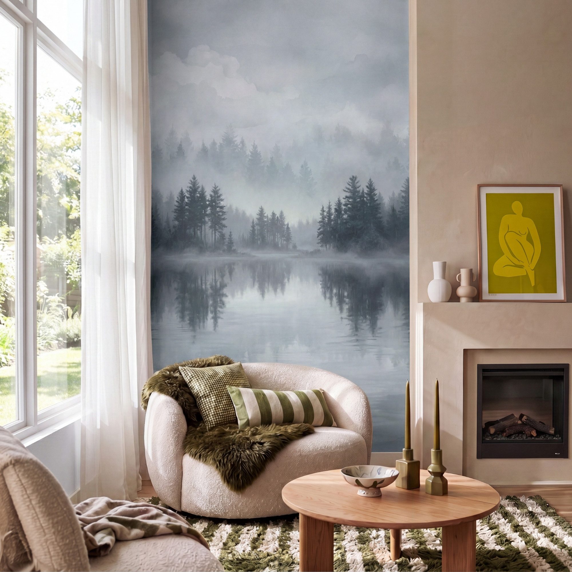 OnlyWow Fototapete Wald - See - Nebel - Natur - Grau, Matt, bedruckt, Modern, Wanddekoration, Wohnzimmer, Wandtapete 120x200cm