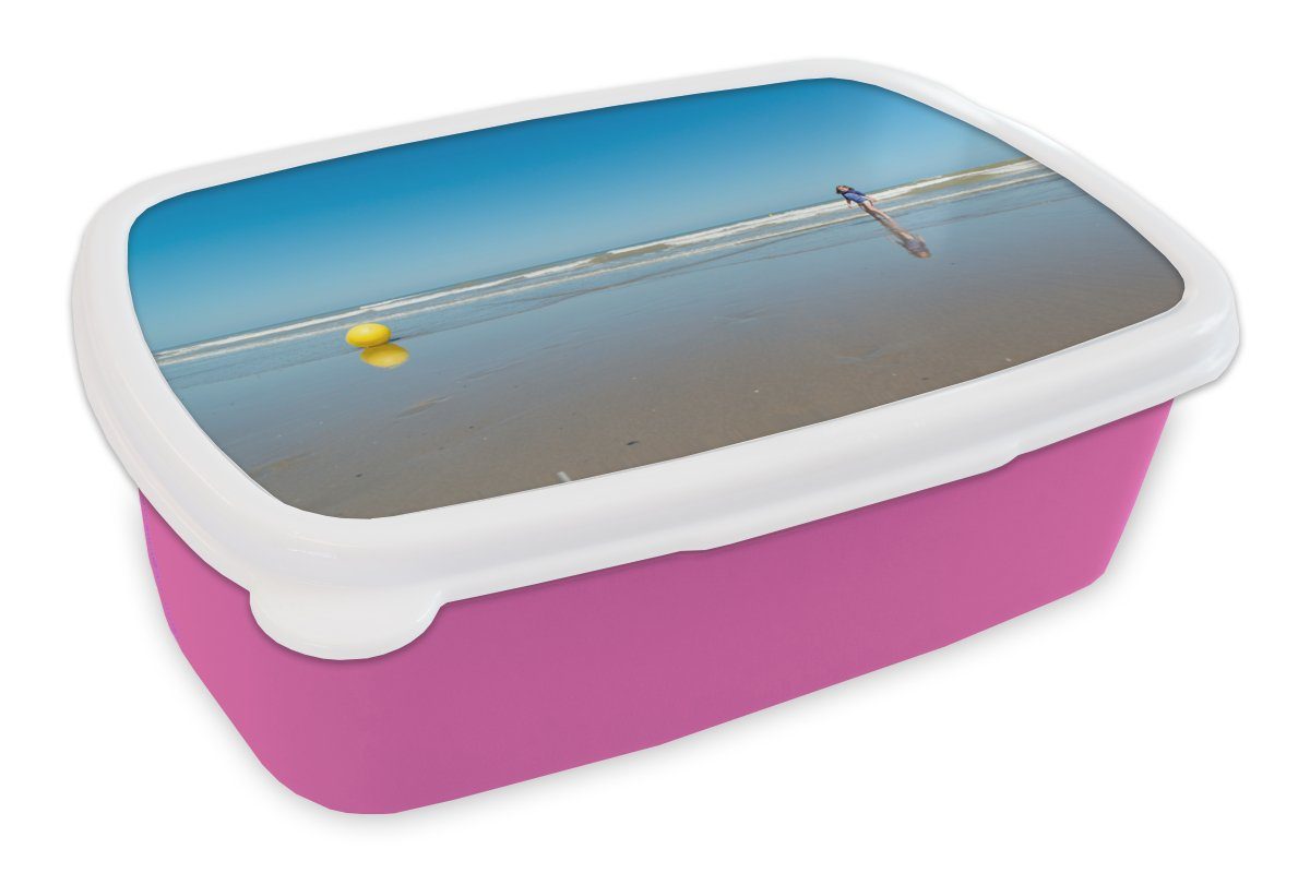 MuchoWow Lunchbox Nordsee - Strandball - Gelb, Kunststoff, (2-tlg), Brotbox für Erwachsene, Brotdose Kinder, Snackbox, Mädchen, Kunststoff rosa