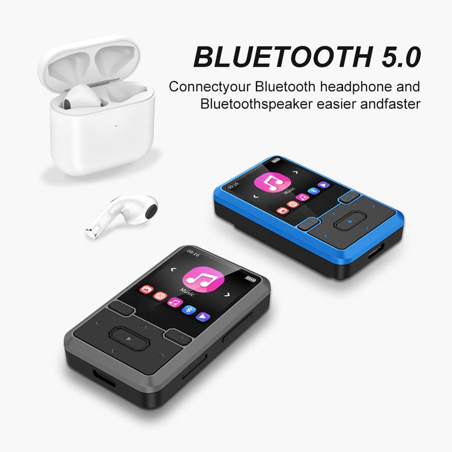 MOPUEA 64GB Clip-MP3-Player Multifunktional mit Bluetooth 5.0,Schrittzähler MP3-Player (64 GB Speicher, Bluetooth 5.0, Clip, HiFi, FM, 21 Std. Laufzeit)
