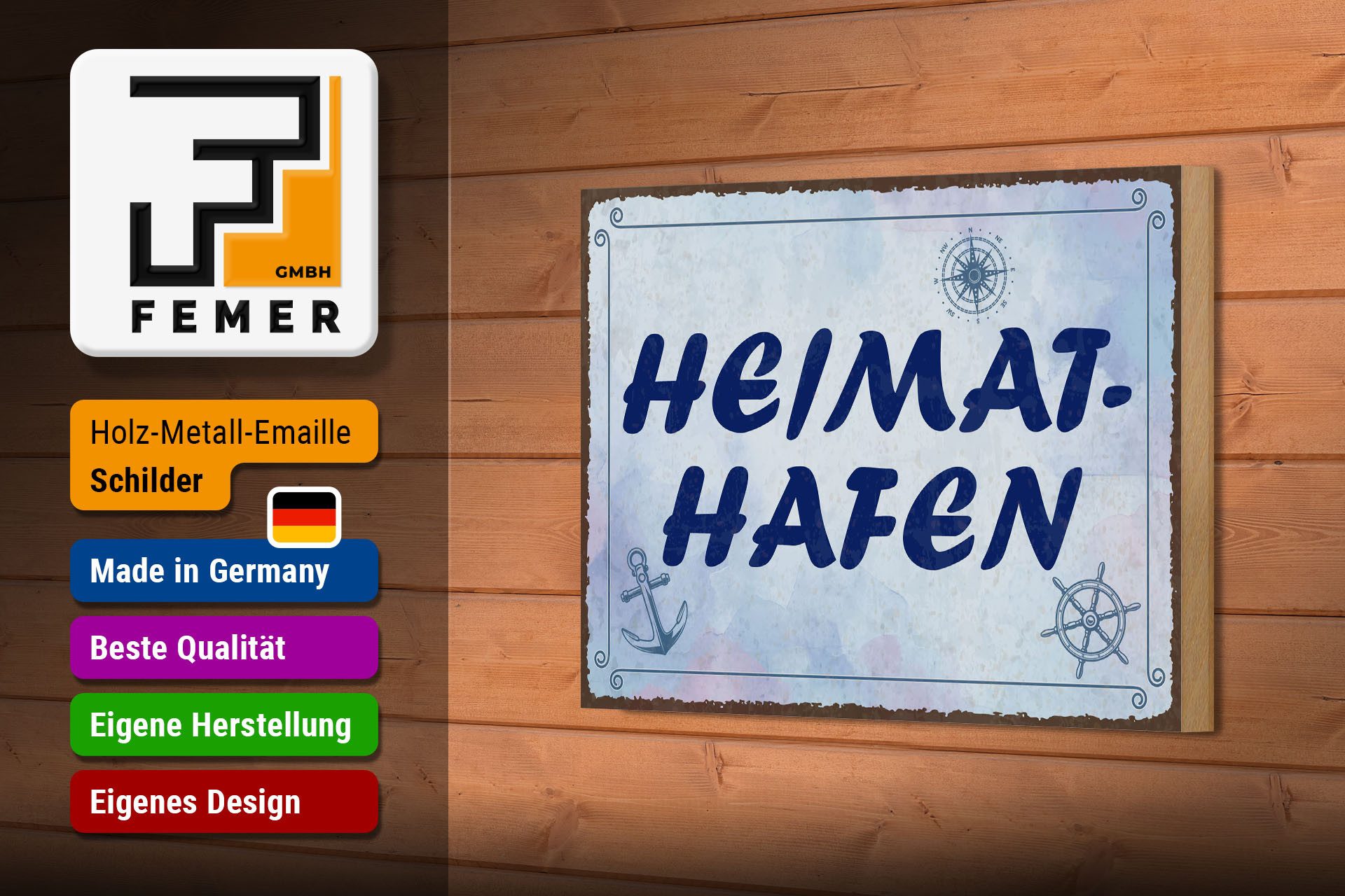 Femer GmbH Holzbild Spruch 12x18 cm Heimathafen blaues, (1 St), Glatte Holzfaserplatte (MDF), vorn beschichtet