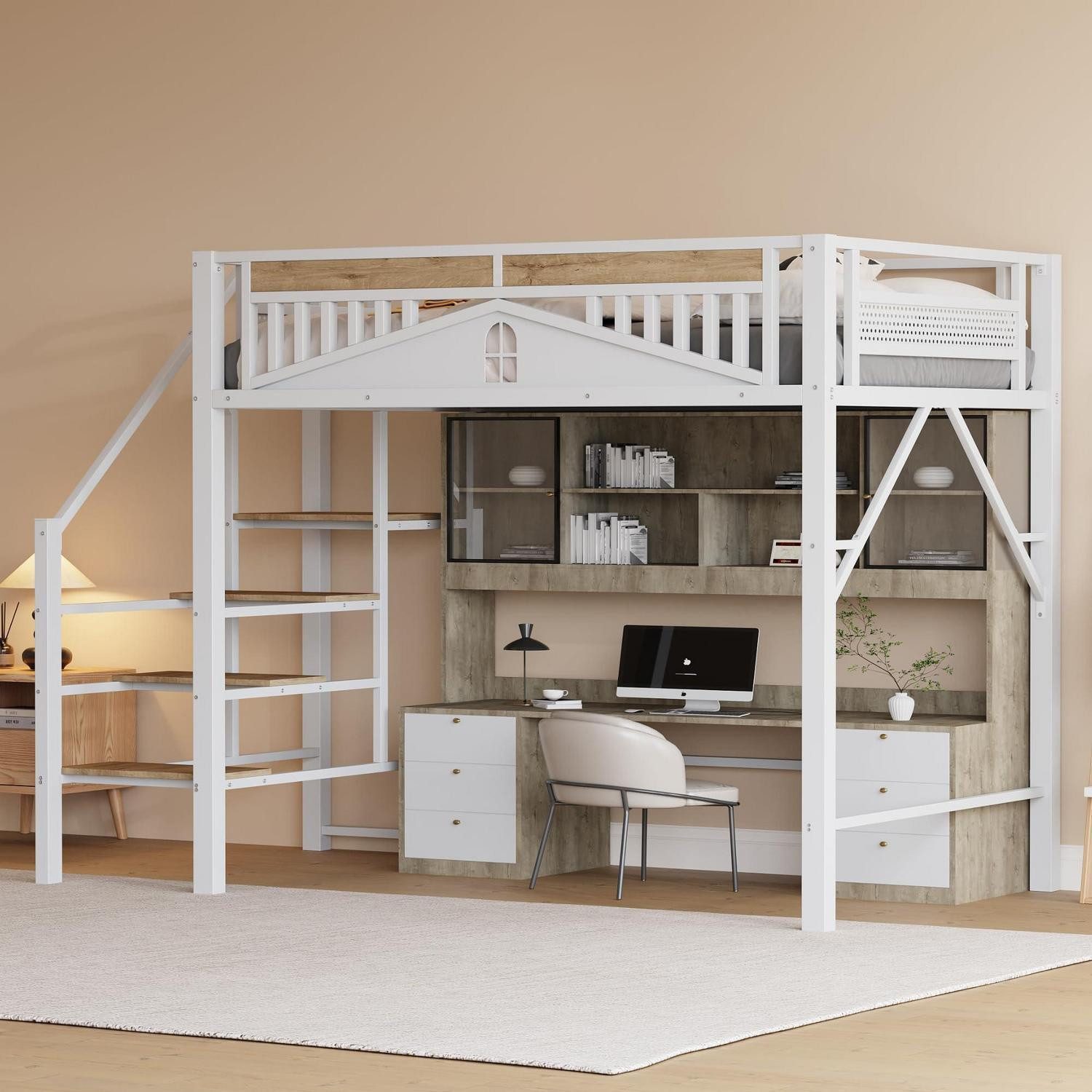 LuxusKollektion Hochbett Etagenbett Hochbett 140x200 Weiß Spielbett mit Fenster (1-St)
