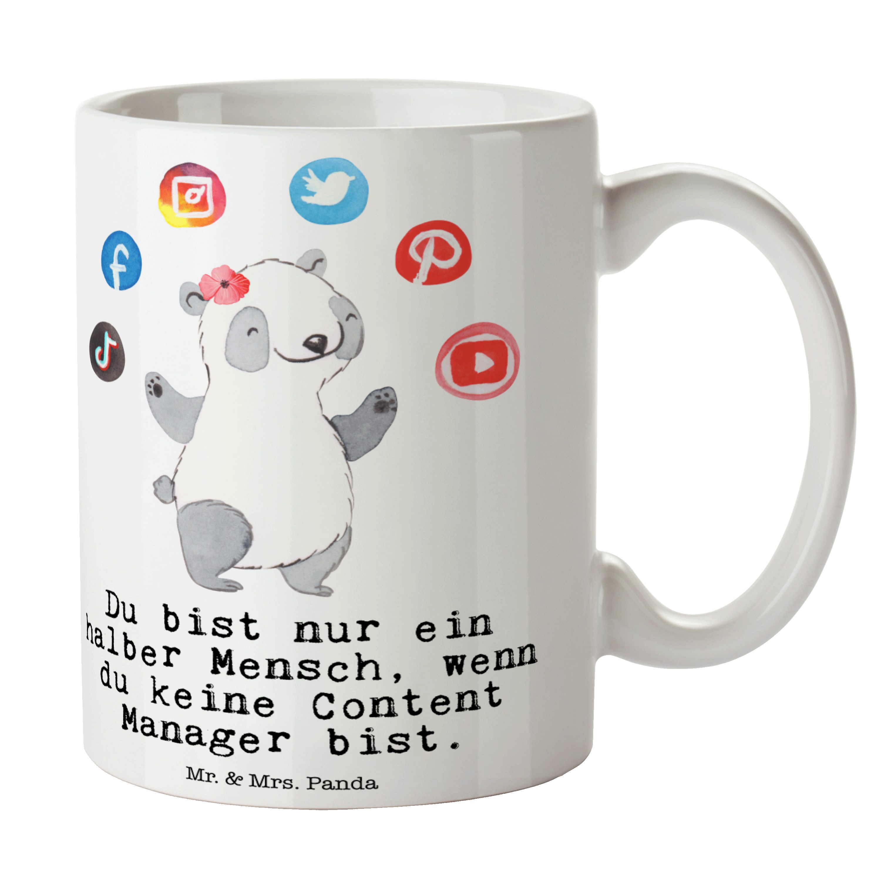 Mr. & Mrs. Panda Tasse Content Manager mit Herz - Weiß - Geschenk, Arbeitskollege, Teebecher, Keramik