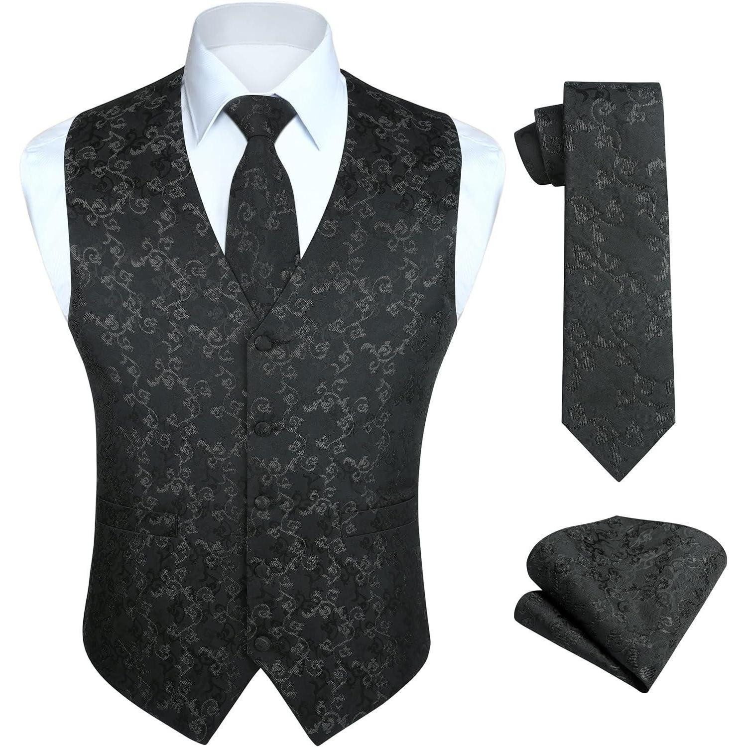 Krawatte Weste Herren Hochzeit Jacquard Anzugset Krawatte floral L Schwarz-1
