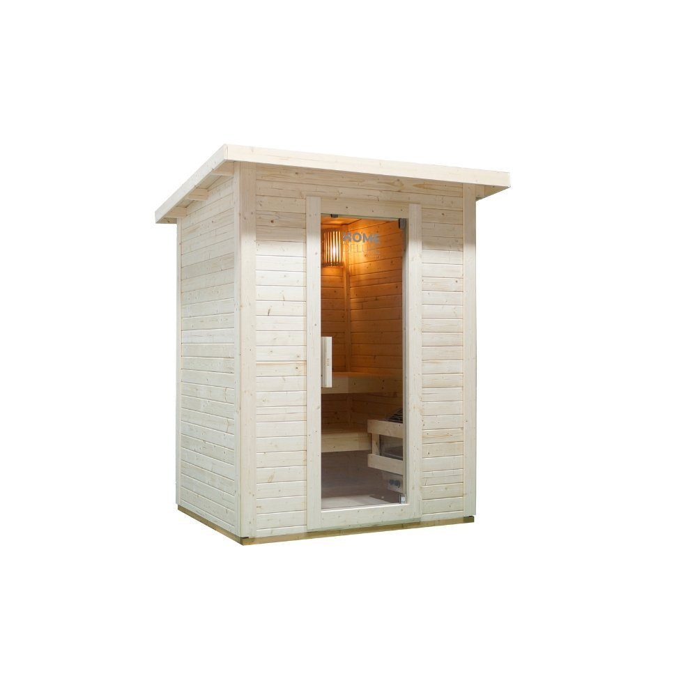 HOME DELUXE Saunahaus TALO, BxTxH: 191 x 157 x 221 cm, 38 mm, (inkl. Saunaofen, Asphaltschindeln, Eimer, Kelle, Sanduhr & Thermometer) Saunahaus aus Fichtenholz I Gartensauna, Außensauna