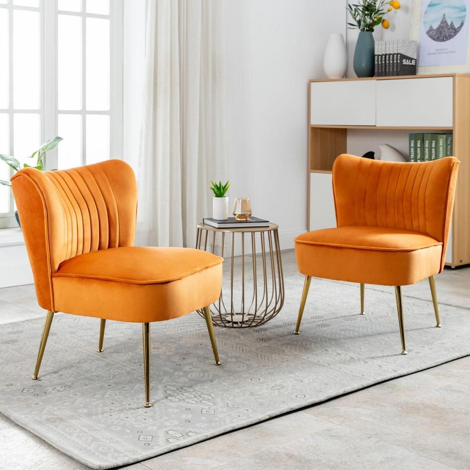 LuxusKollektion Cocktailsessel Polsterstuhl Samt Metallbeine Lesesessel Orange 2er Orange-2er (1-St)