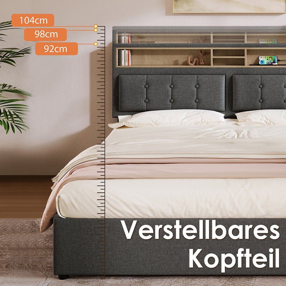 Polsterbett (Hydraulisches Stauraumbett mit Lattenrost und Matratze), Doppelbett 140x200cm mit USB Typ C Ladefunktion Kopfteil, Leinen