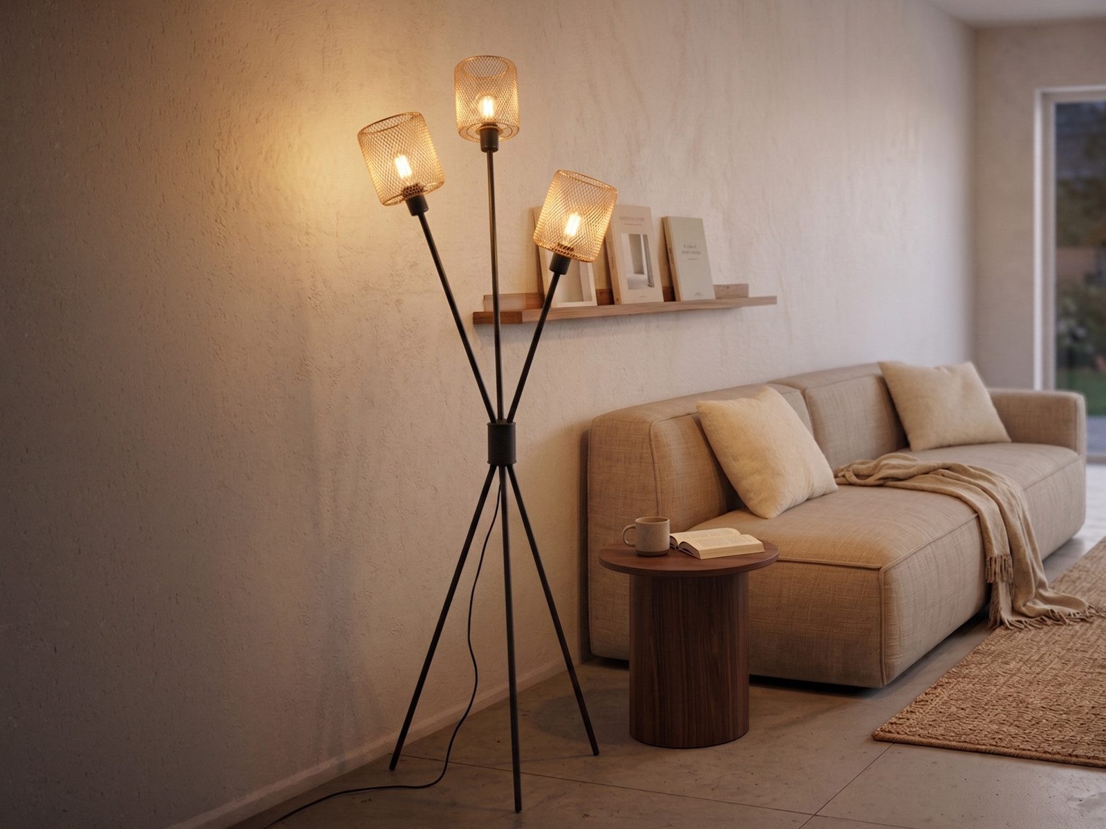 Reality Leuchten Stehlampe Dreibein, Metall Schwarz Gold, H: 159cm, ohne Leuchtmittel, drei Lampenschirme Drahtgestell Gold-Farben