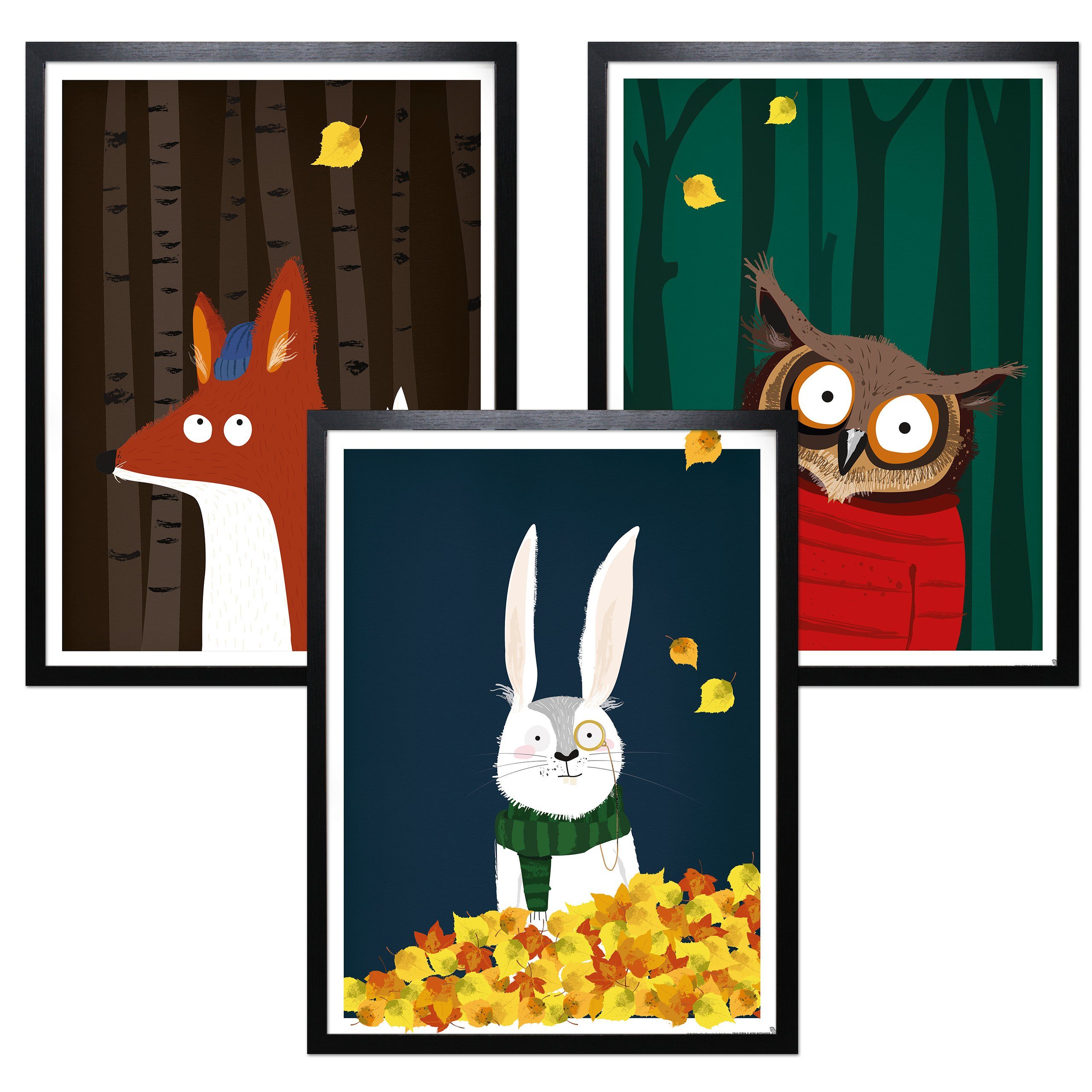 Close Up Poster Kinderzimmer Poster Wald 3er-Set gerahmt schwarz
