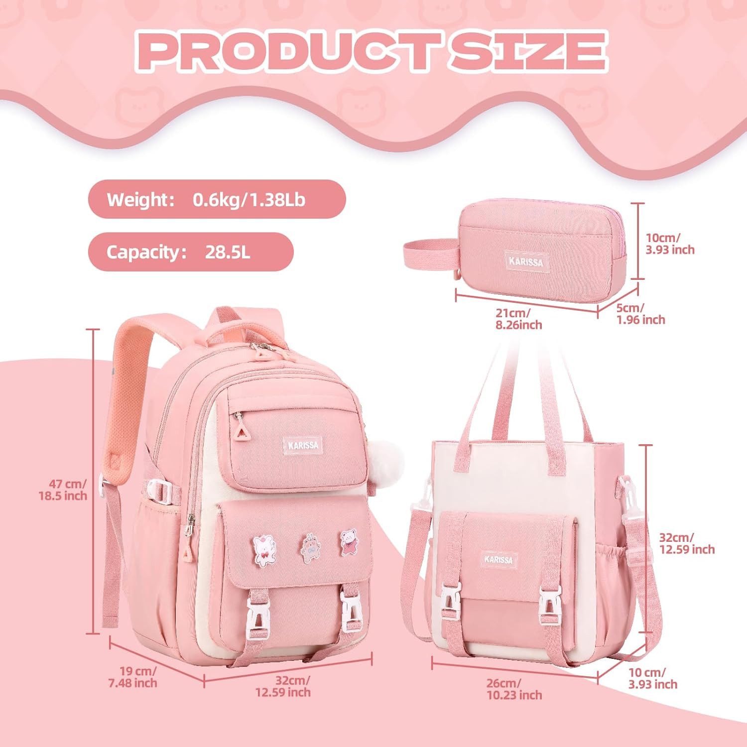 LIANNA Schulrucksack 3-teiliger Mädchen Schulrucksack, leicht, wasserabweisend (Set, 3-tlg., 3-teiliger Mädchen Schulrucksack, leicht, wasserabweisend)